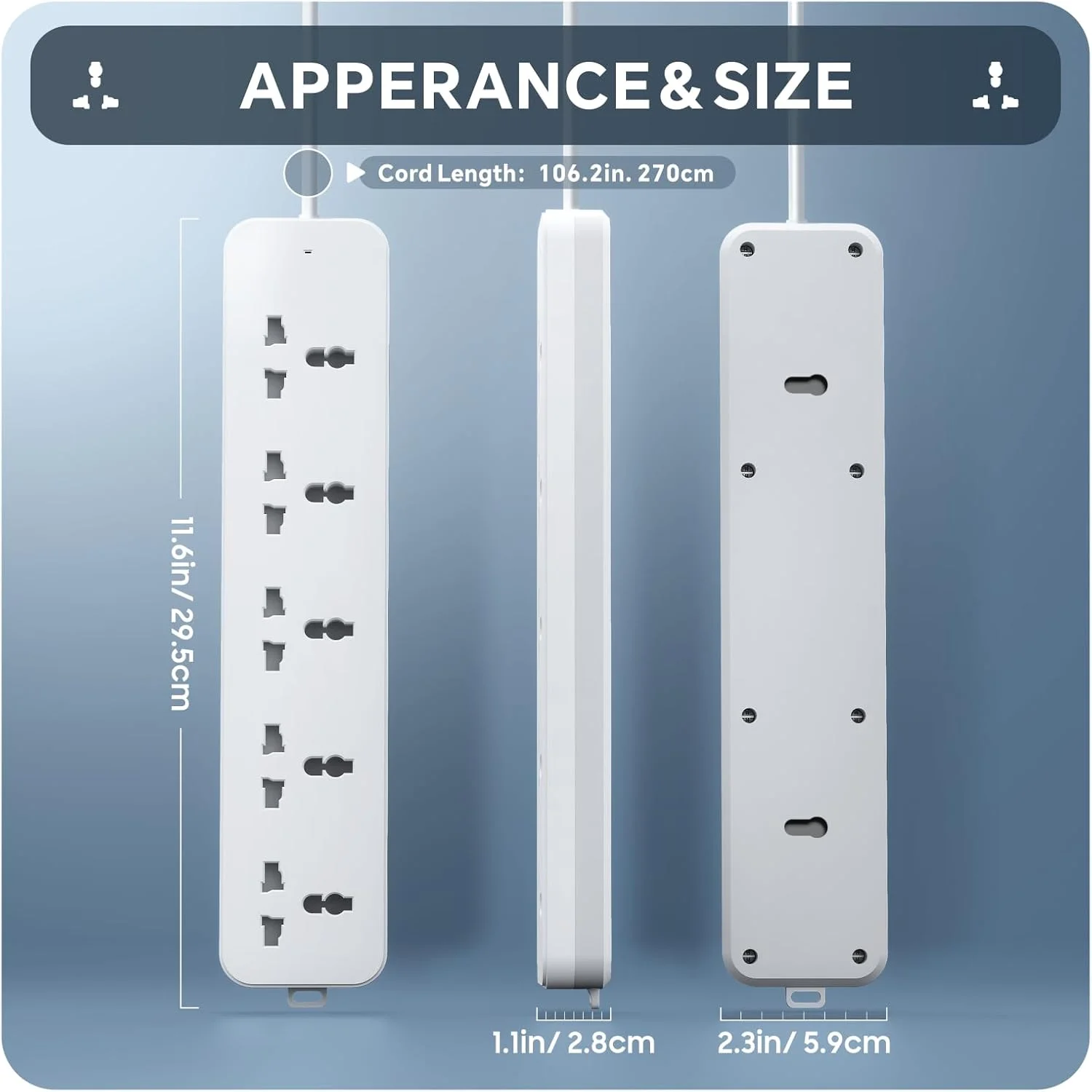 سیم سیار یونیورسال Baytion، کابل افزایش طول 2.7 متری با 5 پریز یونیورسال | پریزهای 3 پین 13 آمپر | طراحی ایمن | سیم سیار دیواری برای خانه، دفتر، آشپزخانه سیم سیار یونیورسال Baytion، کابل افزایش طول 2.7 متری با 5 پریز یونیورسال | پریزهای 3 پین 13 آمپر | طراحی ایمن | سیم سیار دیواری برای خانه، دفتر، آشپزخانه