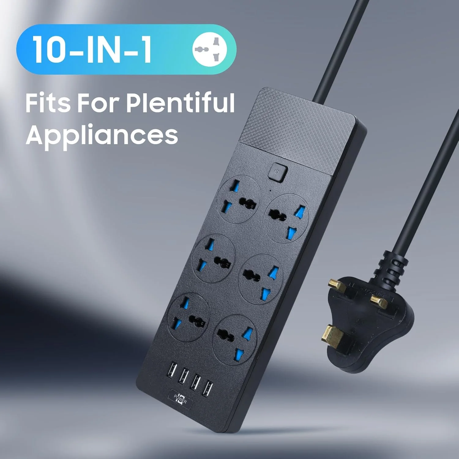 سیم سیار یونیورسال Baytion، با 6 پریز برق سه پین و 4 پورت USB، نوار برق 2 متری با محافظت در برابر نوسانات برق برای آشپزخانه، خانه و محل کار (مشکی)