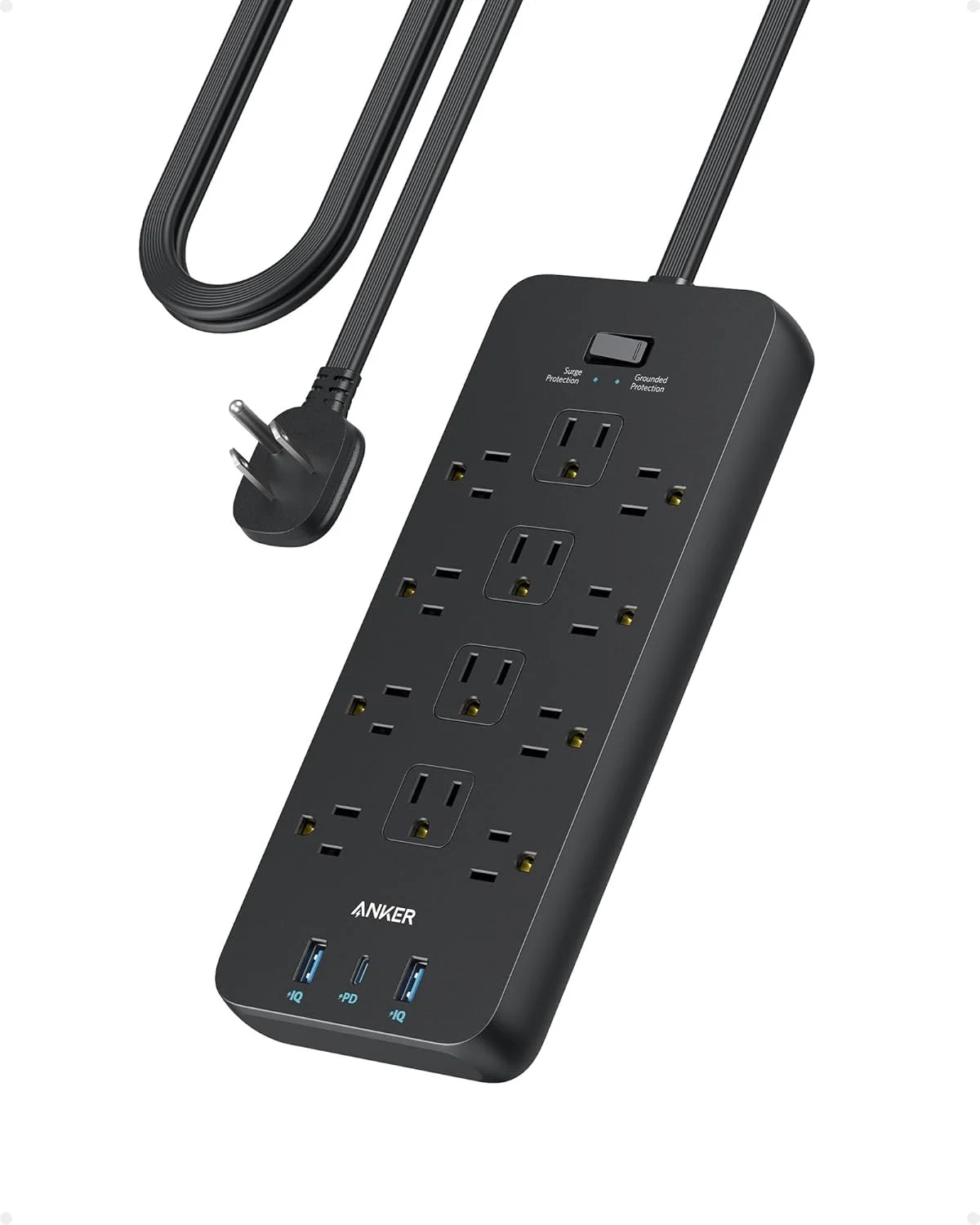 محافظ برق چند منظوره با دوشاخه تخت (2100 ژول)، 12 پریز AC، کابل افزایش طول 1.5 متری، 1 پورت USB-C و 2 پورت USB برای دستگاه های متعدد، شارژ سریع 20 واتی برای منزل