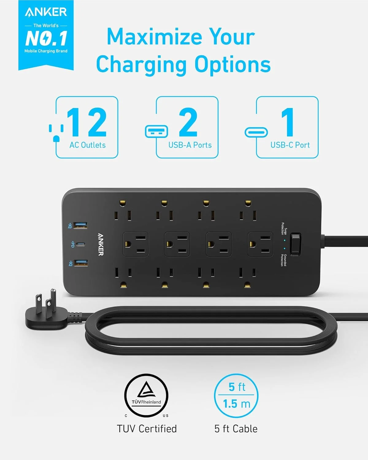 محافظ برق چند منظوره با دوشاخه تخت (2100 ژول)، 12 پریز AC، کابل افزایش طول 1.5 متری، 1 پورت USB-C و 2 پورت USB برای دستگاه های متعدد، شارژ سریع 20 واتی برای منزل محافظ برق چند منظوره با دوشاخه تخت (2100 ژول)، 12 پریز AC، کابل افزایش طول 1.5 متری، 1 پورت USB-C و 2 پورت USB برای دستگاه های متعدد، شارژ سریع 20 واتی برای منزل