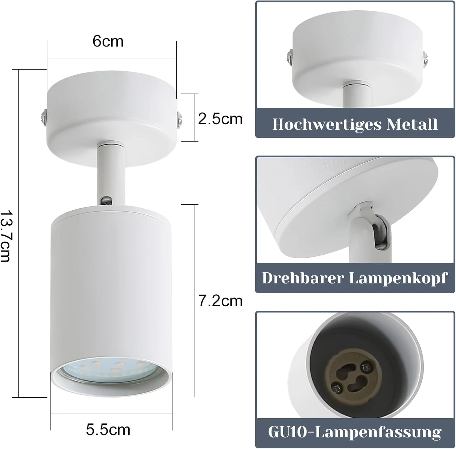 چراغ سقفی ال ای دی ZMH، نورافکن سقفی سفید: چراغ های نقطه ای سقفی GU10 تک لامپ، نورافکن های سقفی با قابلیت چرخش 330 درجه، چراغ راهرو مدرن، نورافکن دیواری صنعتی برای اتاق نشیمن، اتاق خواب