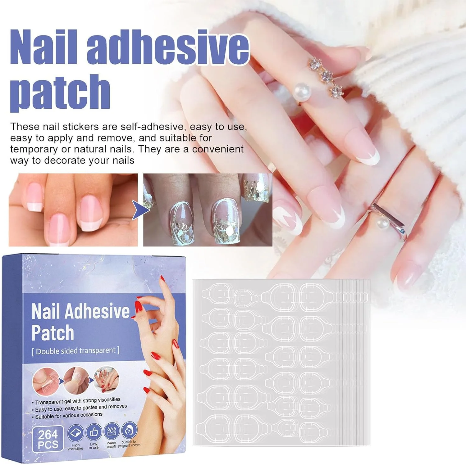 برچسب های چسب ناخن KASTWAVE، 264 عدد (11 ورق)، برچسب چسب دو طرفه ناخن، برچسب های چسب ناخن مصنوعی فوق العاده چسبنده ژله ای شفاف، ضد آب، قابل تنفس و انعطاف پذیر برای مانیکور زنان و دختران