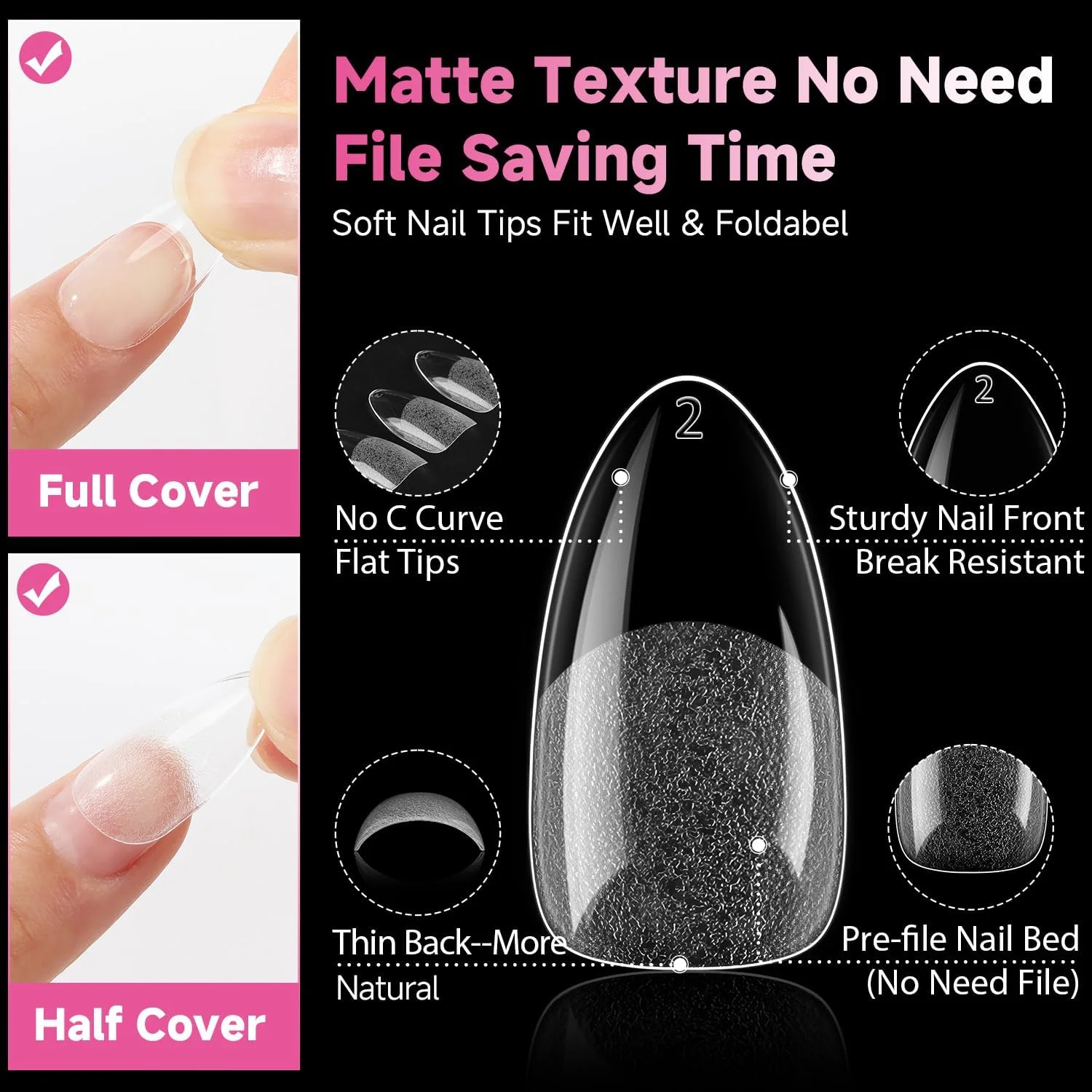 کپسول ناخن بادامی آمریکایی UNA GELLA، 504 عدد در 12 سایز، تیپ ناخن از پیش فرم داده شده نیمه مات برای ناخن های اکریلیک، استیکرهای ناخن مصنوعی برای اکستنشن و هنر DIY