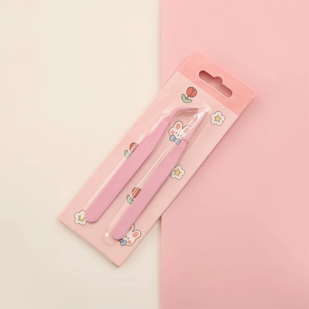 دو عدد موچین استیل ضد زنگ برای کارهای دستی، کیت موچین استیکر، موچین چند منظوره با نوک صاف و خمیده برای اکستنشن مژه و استیکر طراحی ناخن، ابزار ساخت جواهرات کوچک DIY (صورتی)