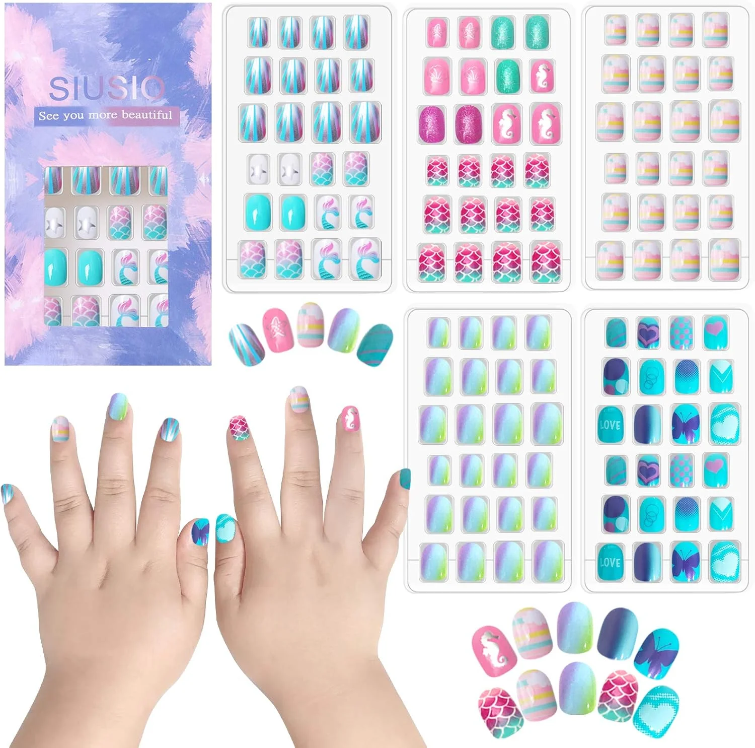 SIUSIO بسته 5 عددی 120 عددی ناخن مصنوعی اکریلیک بچگانه چسب دار با پوشش کامل رنگ گرادینت اکلیلی کوتاه ست کیت هنر ناخن هدیه عالی برای کریسمس برای دختران کوچک - ساحل پری دریایی