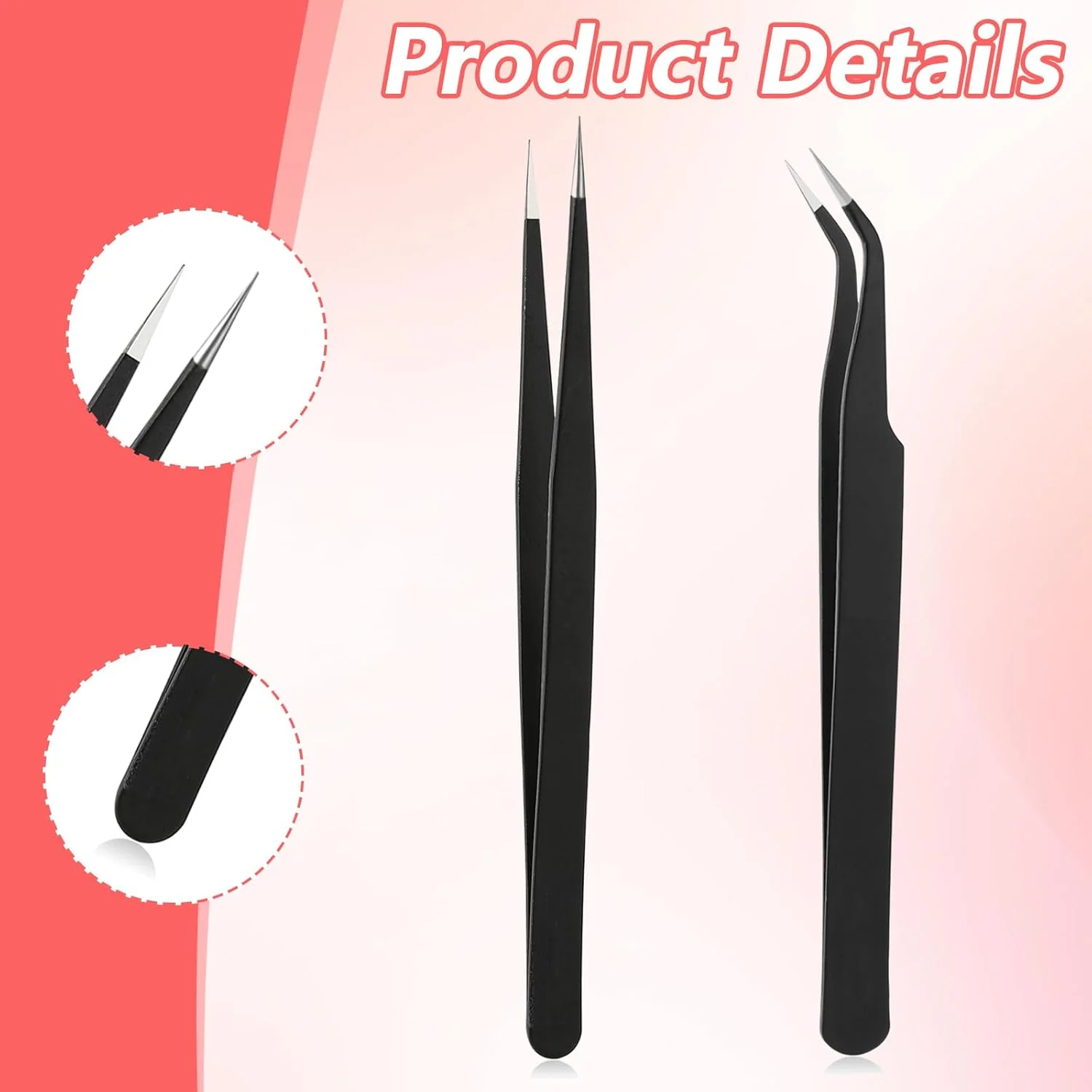 دو عدد موچین استیل ضد زنگ، موچین استیکر نوک صاف و خمیده از جنس استیل ضد زنگ برای اکستنشن مژه، لوازم الکترونیکی دقیق، نگین ناخن و جواهرات