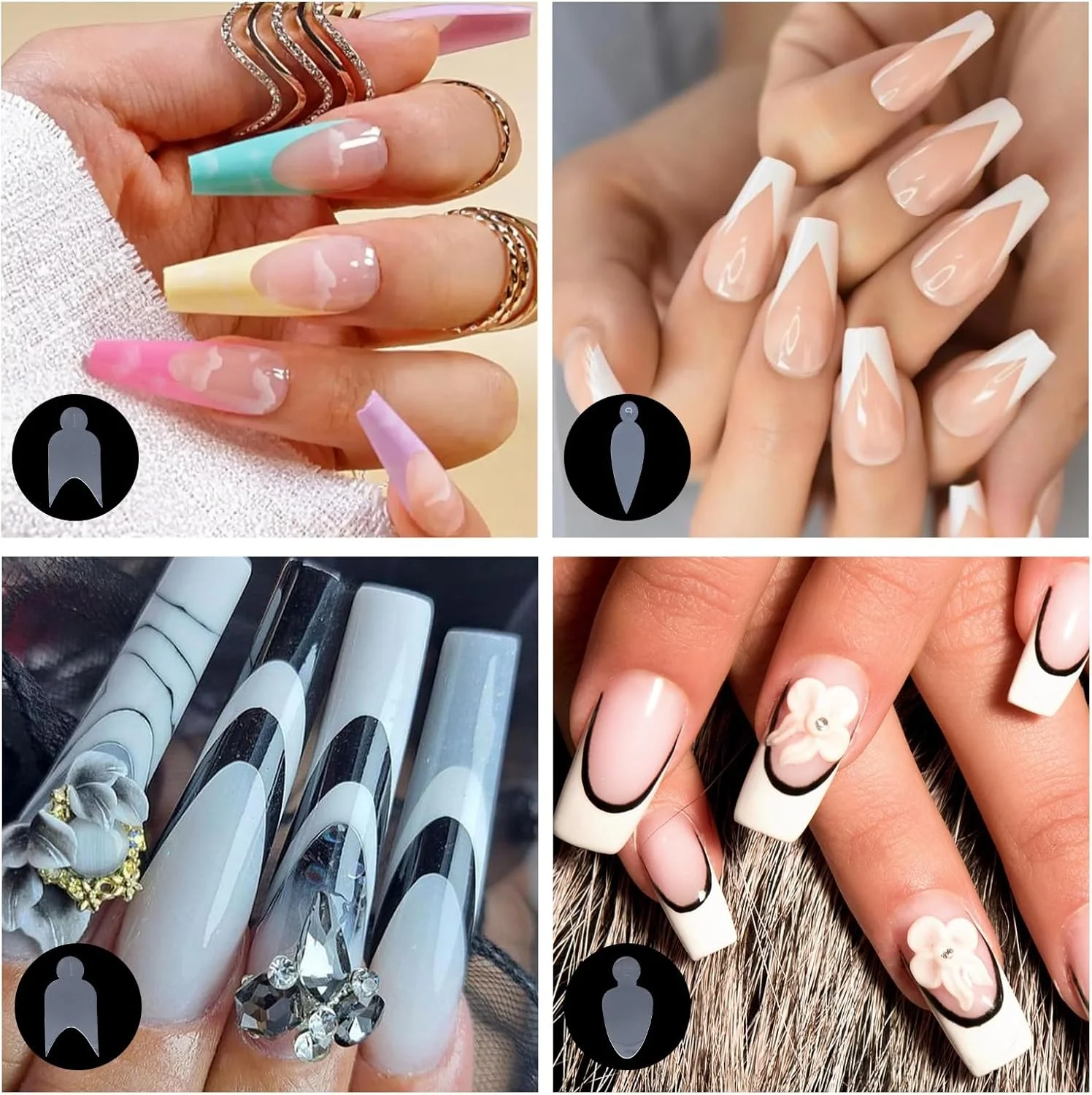 NICENEEDED 288 عدد ناخن مصنوعی شفاف برای ناخن های فرانسوی، 96 عدد استیکر سیلیکونی قابل استفاده مجدد برای سیستم دوتایی، سایز 8 برای اکستنشن