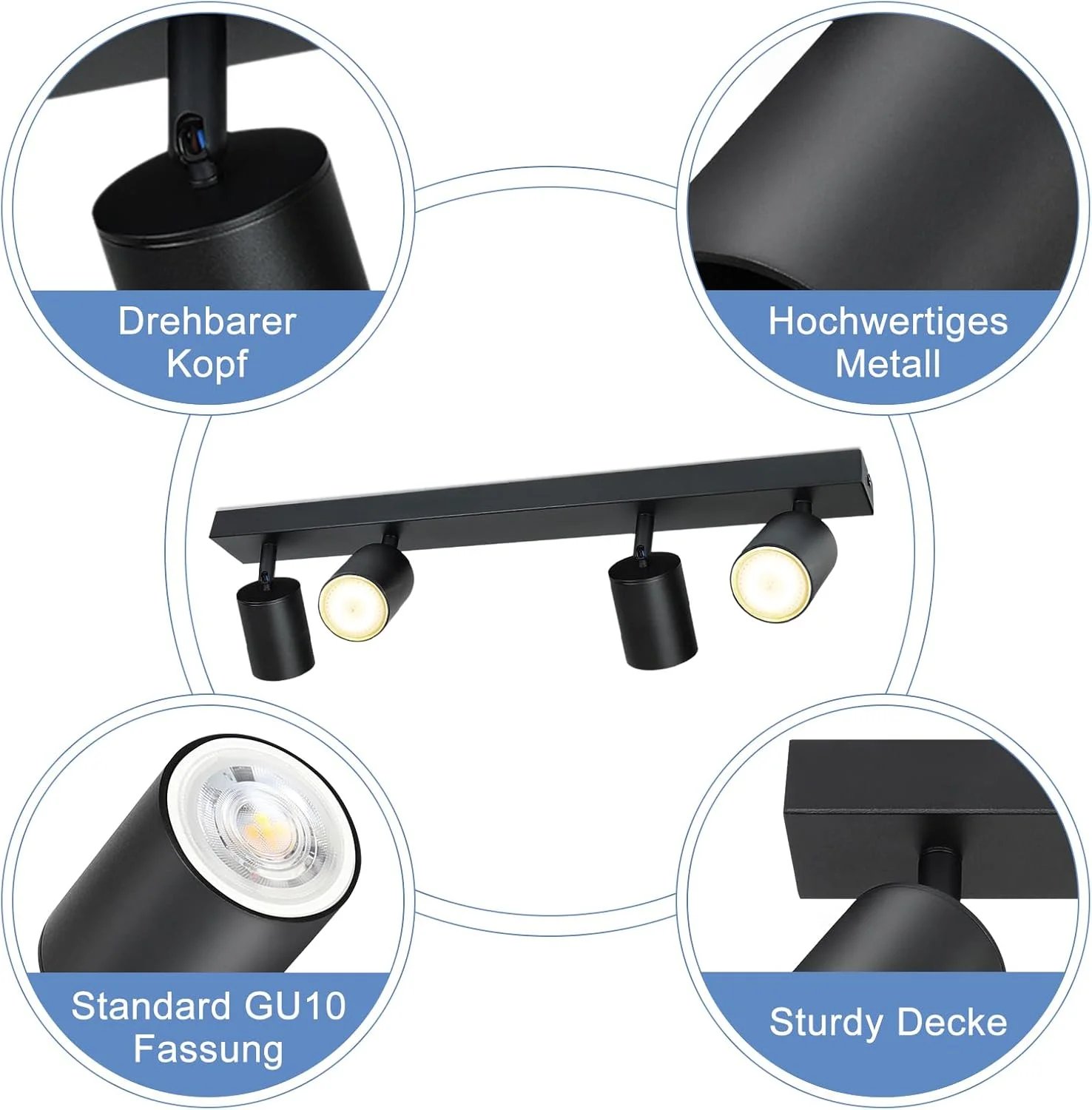 چراغ سقفی 4 شعله مشکی - چراغ سقفی LED با پایه GU10، قابلیت چرخش 350 درجه، مناسب اتاق نشیمن، اتاق خواب، آشپزخانه (بدون لامپ)