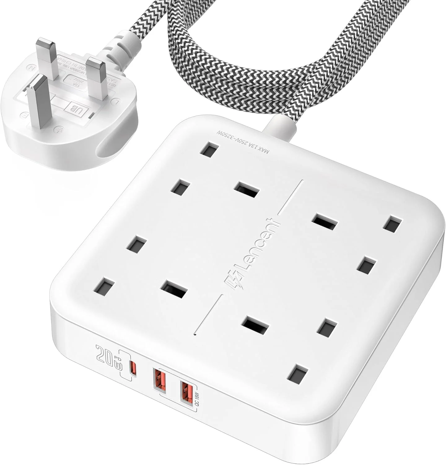 تبدیل برق لن سنت با 4 خروجی، 3250 وات 13 آمپر، درگاه PD 20W USB-C و 2 درگاه USB-A QC 3.0، سیم بافته شده 1.8 متری، چند شاخه برق برای خانه و دفتر، سفید