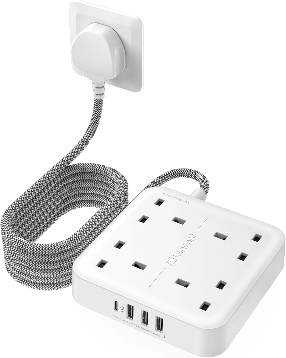 چندراهی برق لنسنت با پورت USB C، محافظ برق 4 خروجی با 4 پورت USB (3.4 آمپر، 1 پورت Type C و 3 پورت USB-A) ایستگاه شارژ چندگانه با سیم 3 متری بافته شده برای خانه و محل کار 3250 وات