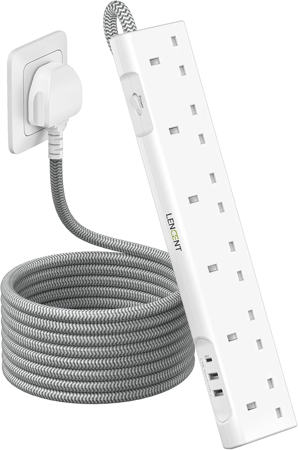 چند راهی برق لن سنت با پورت USB-C، 3250 وات 13 آمپر، 6 خروجی پریز برق با 1 پورت USB-C و 2 پورت USB، چند شاخه برق با سیم بافته شده 1.8 متری برای خانه و محل کار، سفید