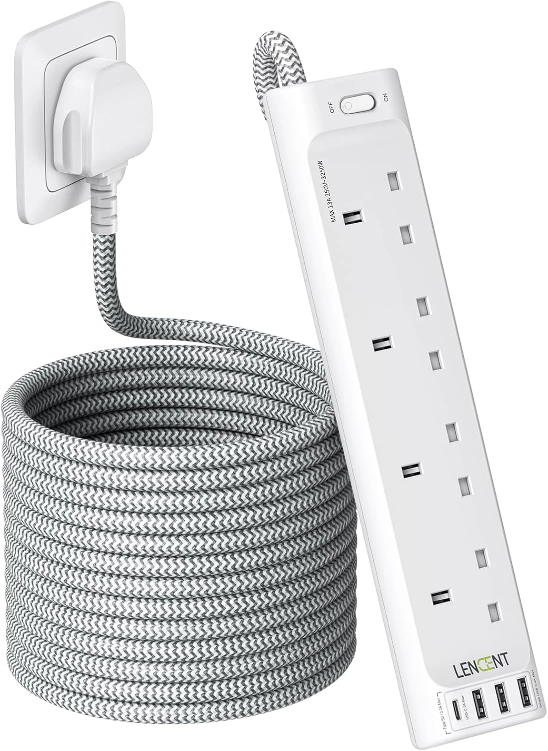 سیم سیار 5 متری LENCENT با درگاه های USB، محافظ برق 4 خانه با 4 پورت USB، چند راهی برق با سیم بافته شده 5 متری برای خانه و محل کار، 3250 وات 13 آمپر