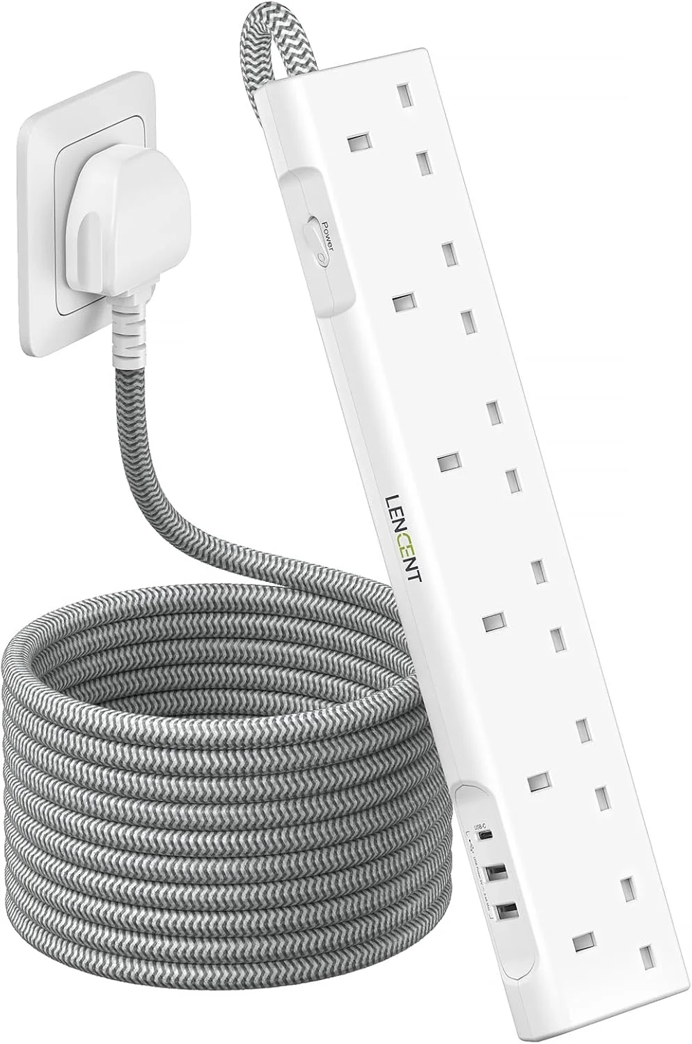 سیم سیار 3 متری LENCENT با درگاه‌های USB، محافظ برق 6 خانه با 1 درگاه USB-C و 2 درگاه USB، چند راهی برق با کابل 3 متری بافته شده برای خانه و محل کار، سفید