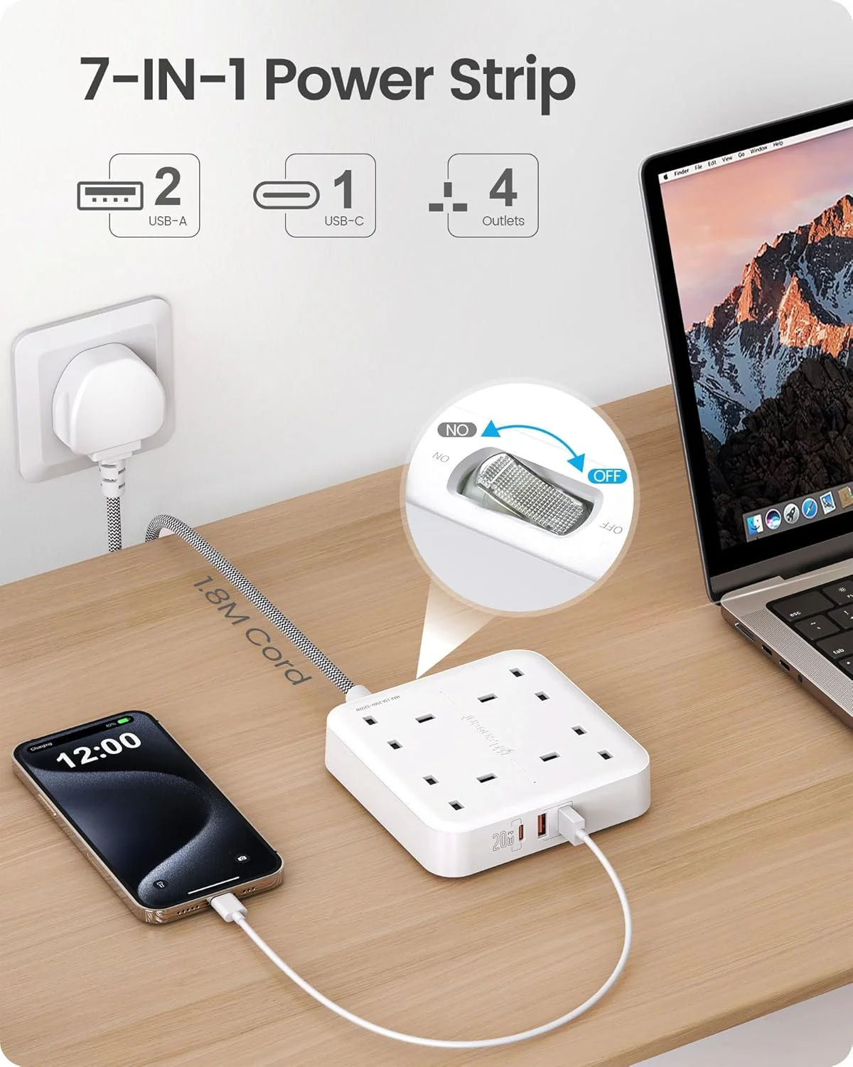 تبدیل برق لن سنت با 4 خروجی، 3250 وات 13 آمپر، درگاه PD 20W USB-C و 2 درگاه USB-A QC 3.0، سیم بافته شده 1.8 متری، چند شاخه برق برای خانه و دفتر، سفید