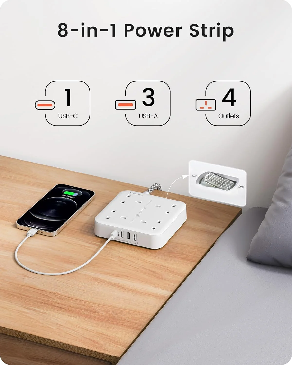 چندراهی برق لنسنت با پورت USB C، محافظ برق 4 خروجی با 4 پورت USB (3.4 آمپر، 1 پورت Type C و 3 پورت USB-A) ایستگاه شارژ چندگانه با سیم 3 متری بافته شده برای خانه و محل کار 3250 وات