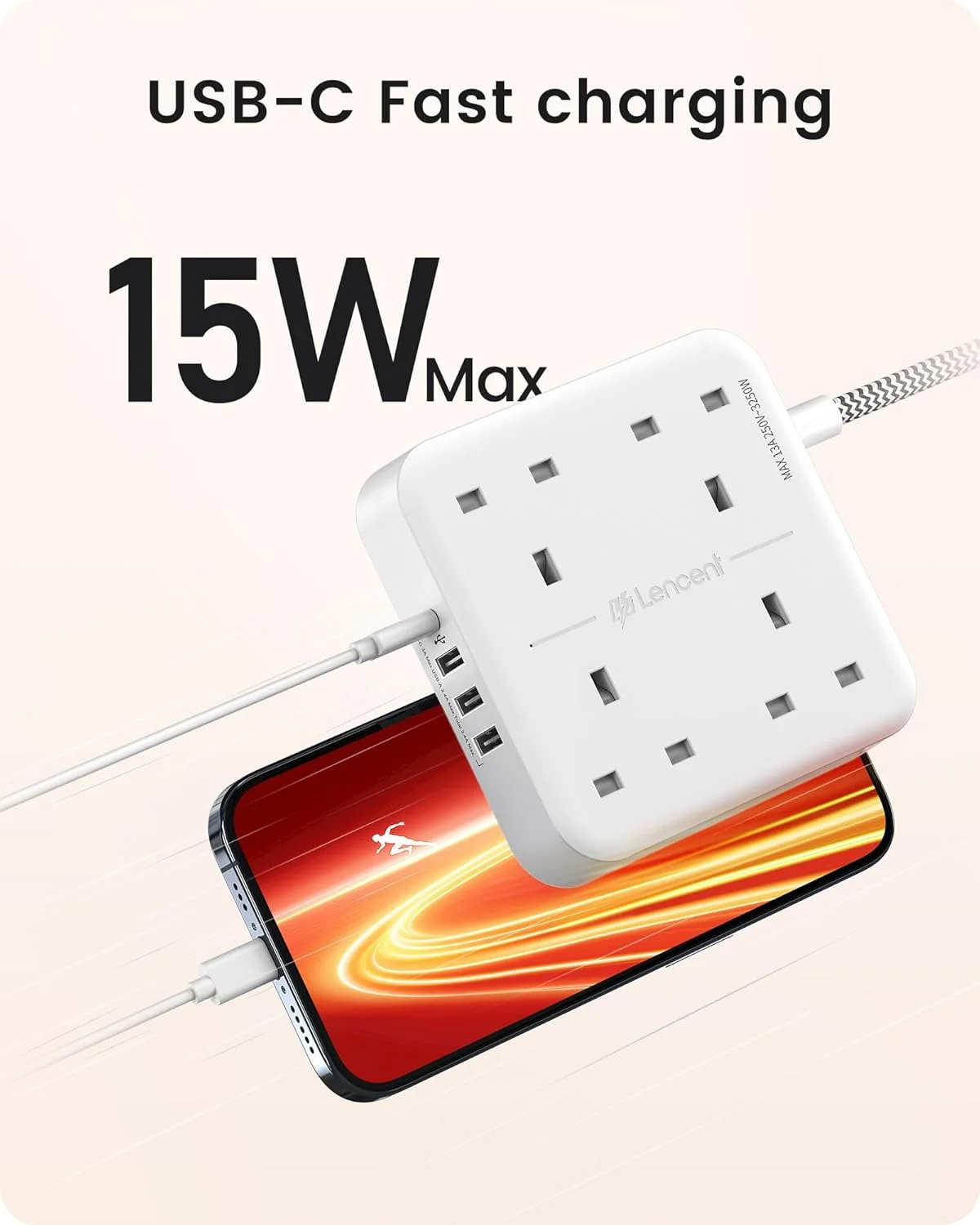 چندراهی برق لن سنت با پورت USB-C، محافظ برق 4 خروجی با 4 پورت USB (3.4 آمپر، 1 پورت Type C و 3 پورت USB-A)، ایستگاه شارژ چندگانه با سیم بافته 5 متری برای خانه و محل کار 3250 وات