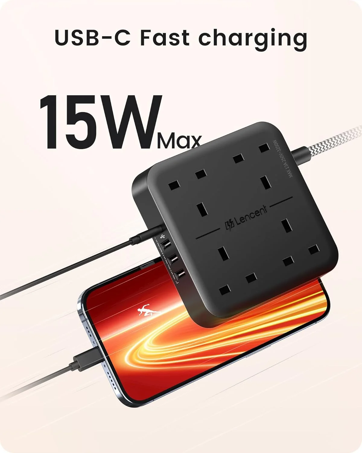 چندراهی برق لن سنت با پورت USB-C، محافظ برق 4 خروجی با 4 پورت USB (3.4 آمپر، 1 پورت Type C و 3 پورت USB-A) شارژ چندگانه با کابل بافته شده 1.8 متری برای خانه و محل کار - مشکی