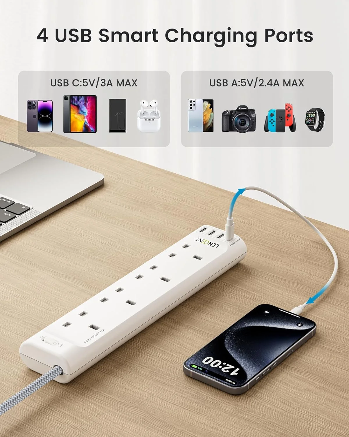 سیم سیار 5 متری LENCENT با درگاه های USB، محافظ برق 4 خانه با 4 پورت USB، چند راهی برق با سیم بافته شده 5 متری برای خانه و محل کار، 3250 وات 13 آمپر