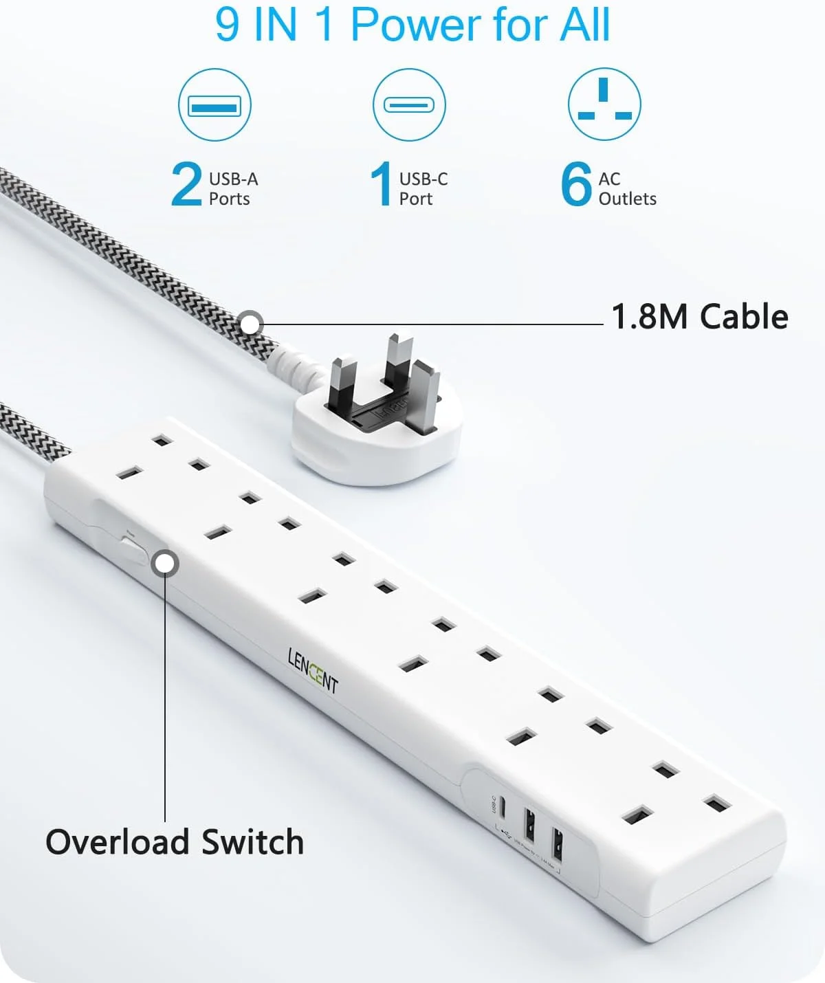 چند راهی برق لن سنت با پورت USB-C، 3250 وات 13 آمپر، 6 خروجی پریز برق با 1 پورت USB-C و 2 پورت USB، چند شاخه برق با سیم بافته شده 1.8 متری برای خانه و محل کار، سفید