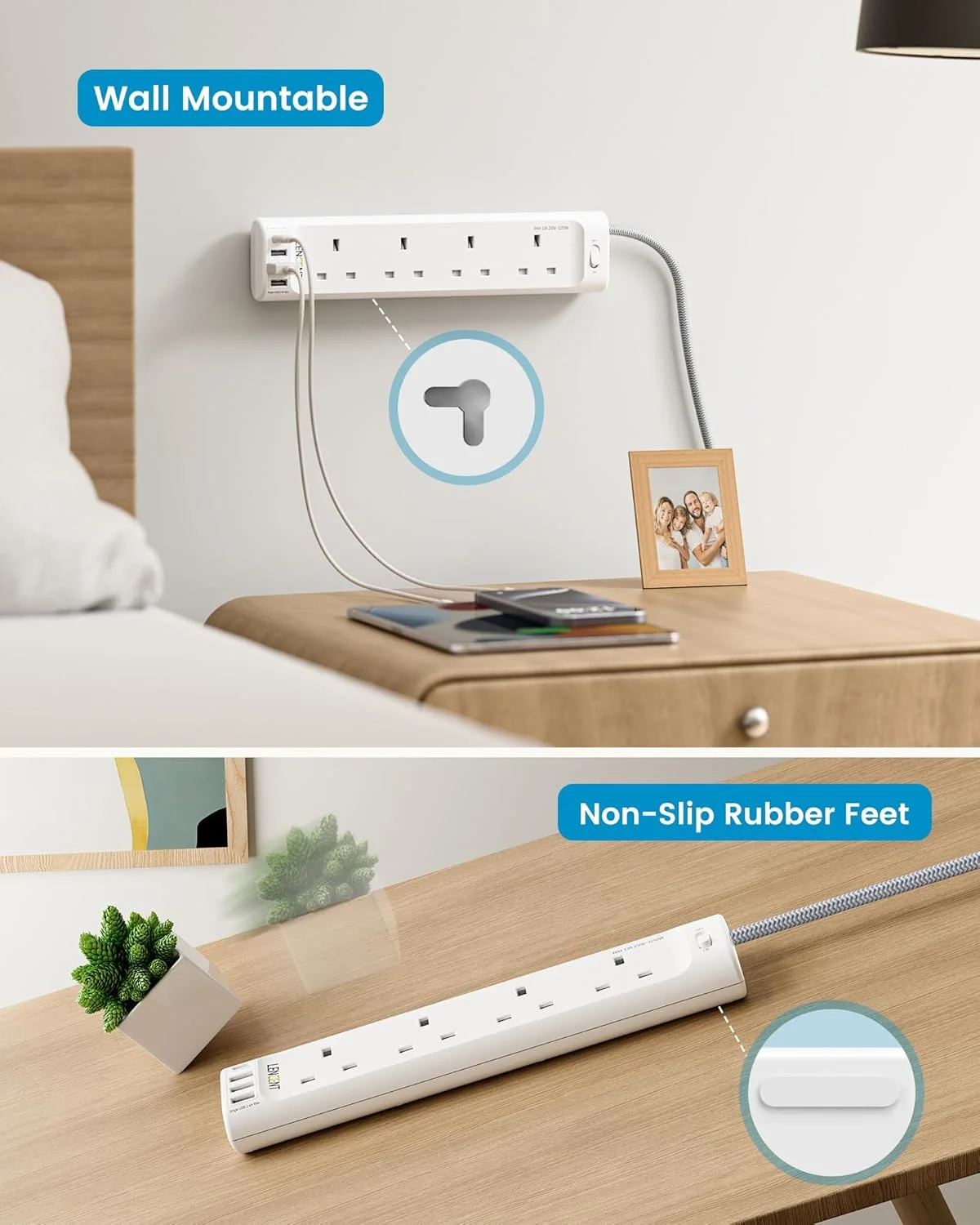 سیم سیار 5 متری LENCENT با درگاه های USB، محافظ برق 4 خانه با 4 پورت USB، چند راهی برق با سیم بافته شده 5 متری برای خانه و محل کار، 3250 وات 13 آمپر