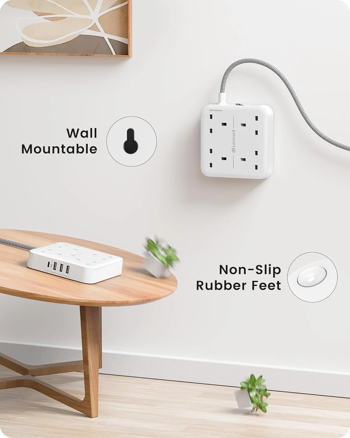 چندراهی برق لنسنت با پورت USB C، محافظ برق 4 خروجی با 4 پورت USB (3.4 آمپر، 1 پورت Type C و 3 پورت USB-A) ایستگاه شارژ چندگانه با سیم 3 متری بافته شده برای خانه و محل کار 3250 وات