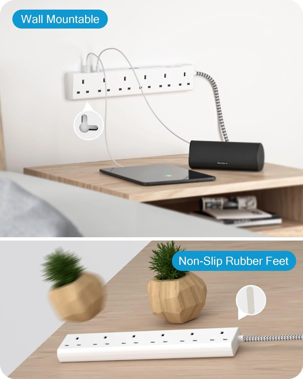 چند راهی برق لن سنت با پورت USB-C، 3250 وات 13 آمپر، 6 خروجی پریز برق با 1 پورت USB-C و 2 پورت USB، چند شاخه برق با سیم بافته شده 1.8 متری برای خانه و محل کار، سفید