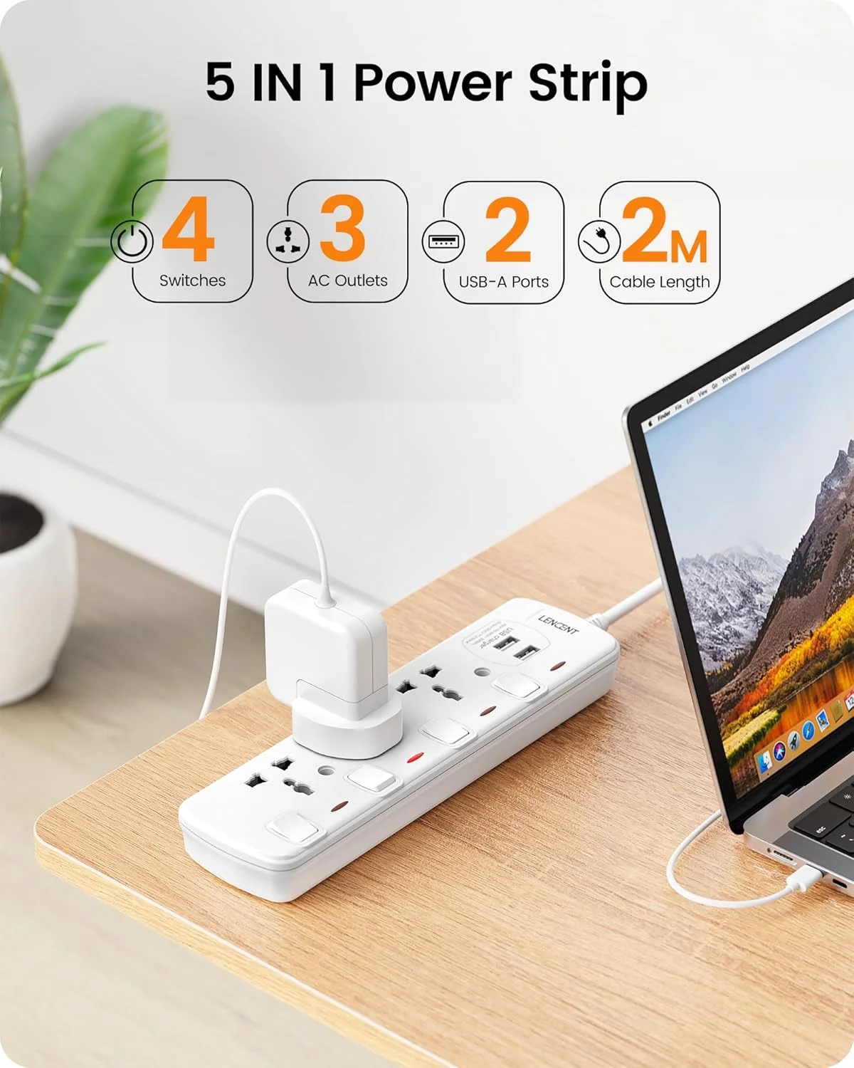 سه راهی برق لنcent با درگاه USB، محافظ برق 3 پریز با 2 پورت USB، آداپتور جهانی با سیم 2 متری، ایستگاه شارژ برای خانه و محل کار، دارای کلیدهای جداگانه