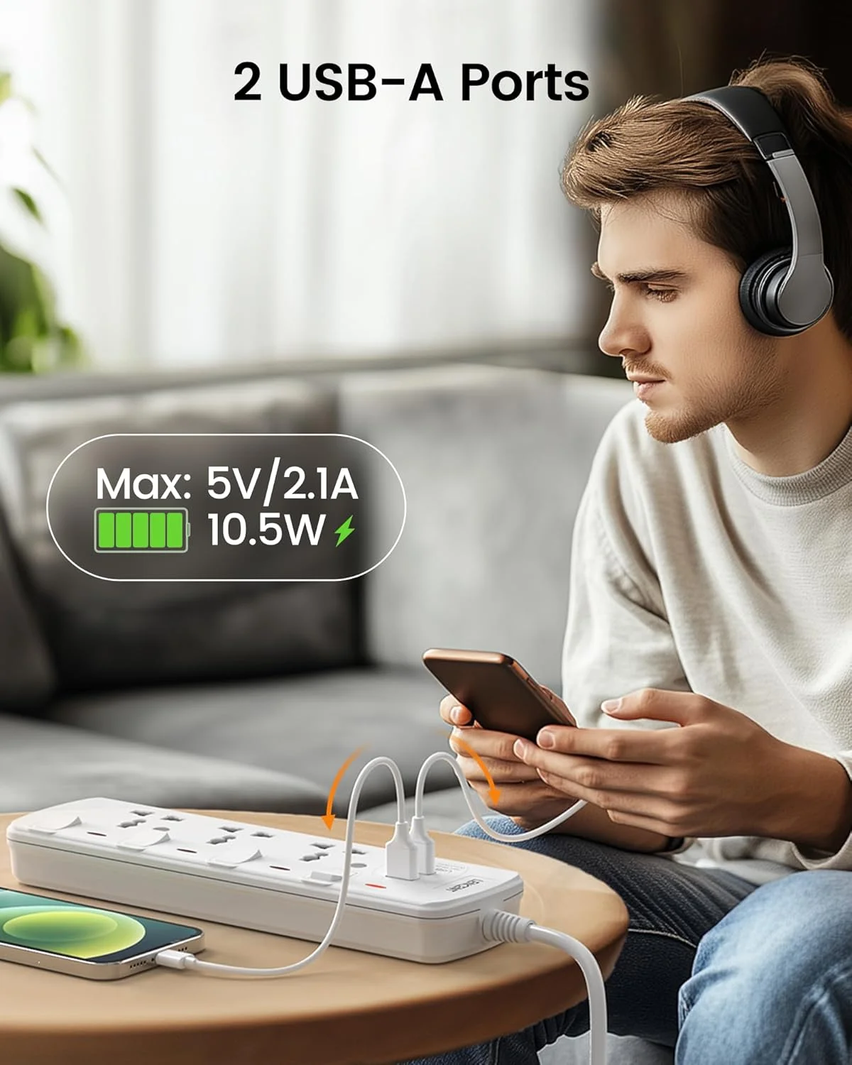 سه راهی برق لنcent با درگاه USB، محافظ برق 3 پریز با 2 پورت USB، آداپتور جهانی با سیم 2 متری، ایستگاه شارژ برای خانه و محل کار، دارای کلیدهای جداگانه