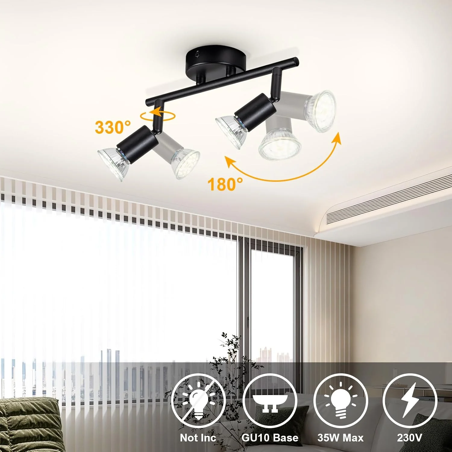 چراغ سقفی دوقلو Doughelec LED GU10 قابل تنظیم، مناسب آشپزخانه، اتاق نشیمن و اتاق خواب 230 ولت، مشکی (بدون لامپ)