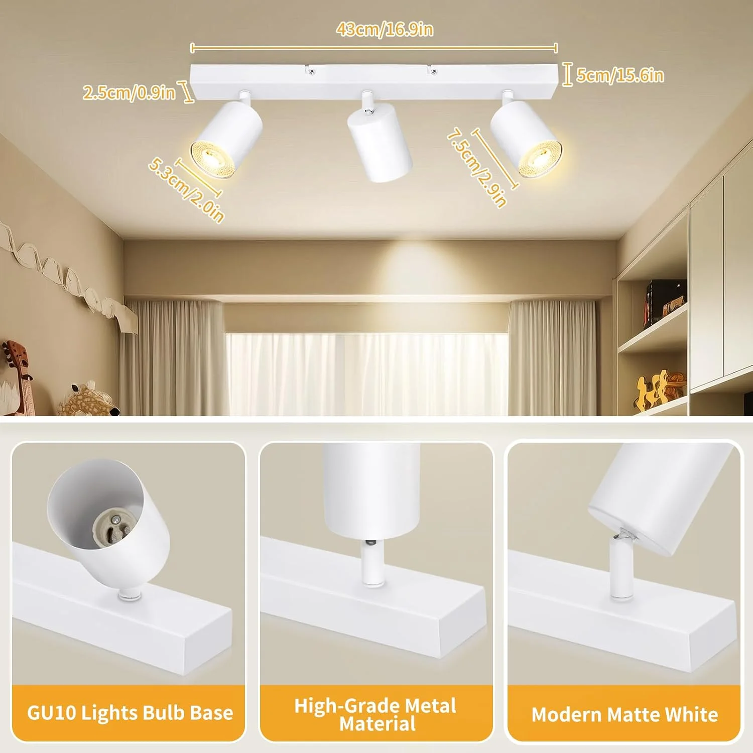 چراغ سقفی قابل تنظیم، 3 چراغ سفید مات با سوکت GU10، ریل های مدرن چراغ و ریل های چراغ برای آشپزخانه، اتاق خواب، اتاق نشیمن، راهرو، اتاق غذاخوری، بدون لامپ
