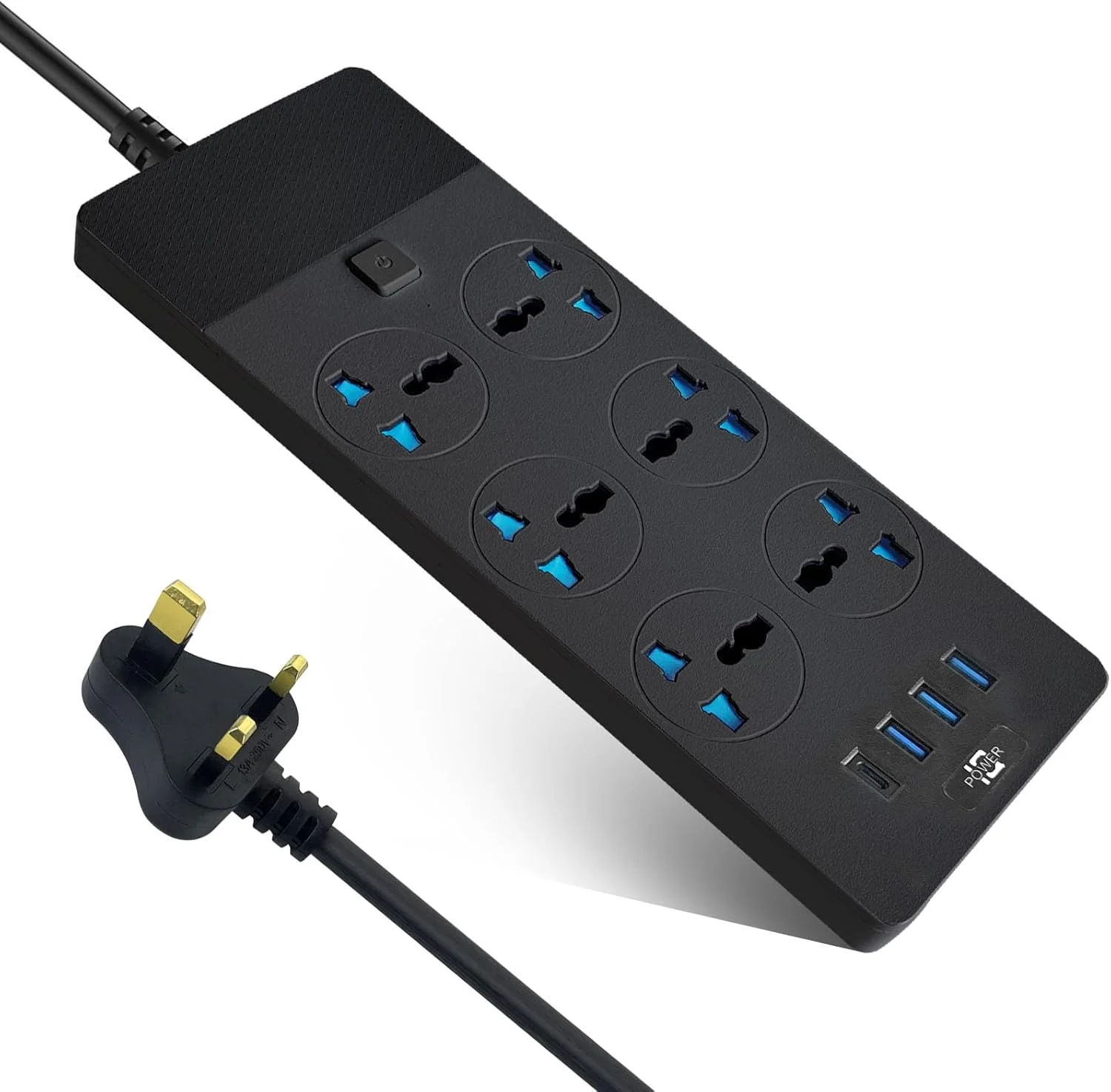محافظ برق SKY-TOUCH با 6 خروجی، دوشاخه بریتانیایی، آداپتور دوشاخه جهانی با 3 پورت USB و 1 پورت Type-C، پریز شارژ با سیم 2 متری ضخیم (مشکی)
