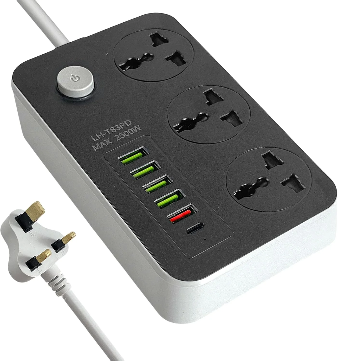 سیم سیار SKY-TOUCH با 3 پریز برق، سوکت برق جهانی با 5 پورت USB و 1 پورت Type-C، سیم سیار ضخیم 2 متری برای خانه، دفتر، آشپزخانه