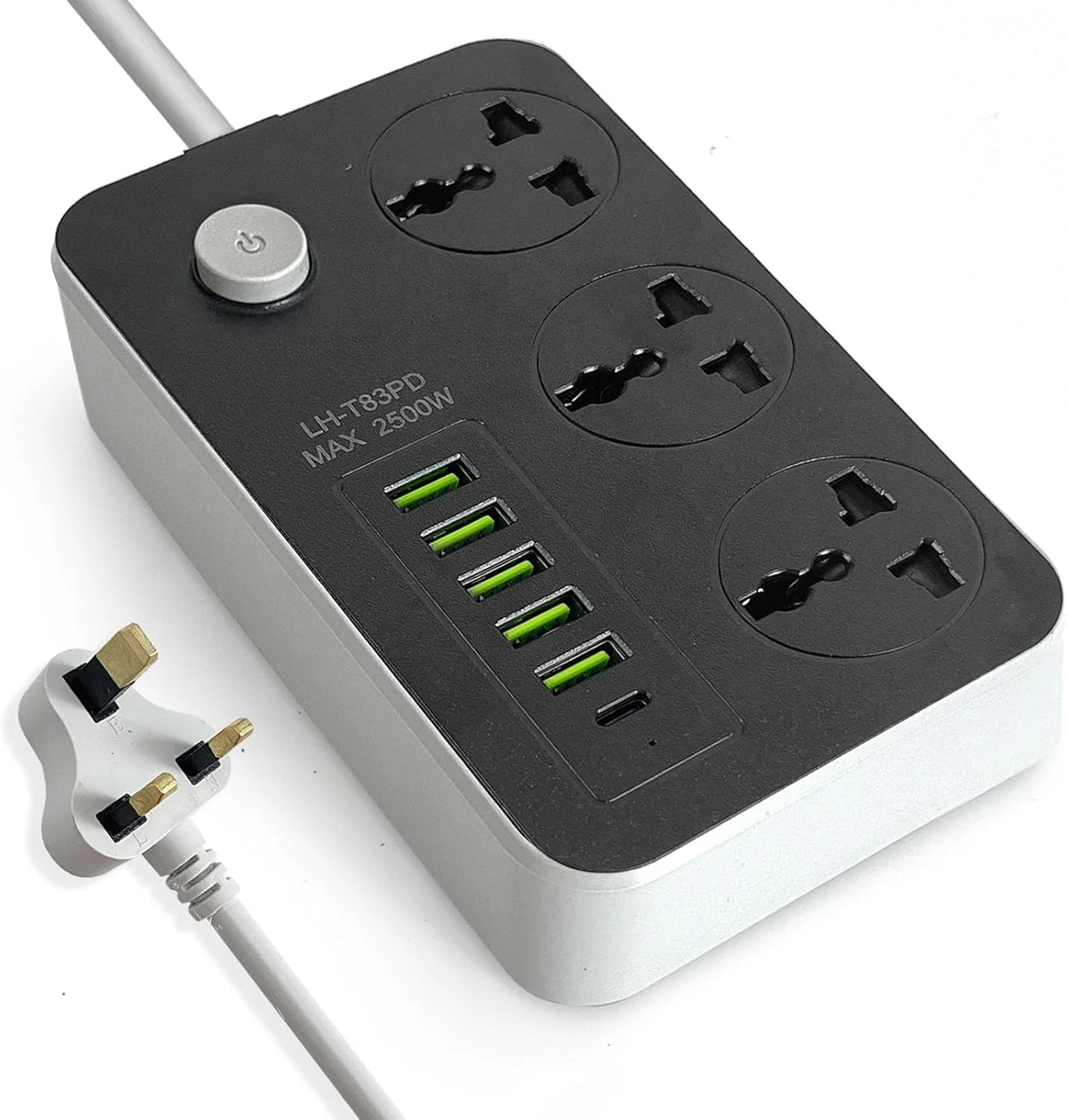 سیم سیار SKY-TOUCH با 3 پریز برق، سوکت برق با 5 پورت USB و 1 پورت Type-C، سوکت شارژ جهانی با سیم سیار ضخیم 2 متری