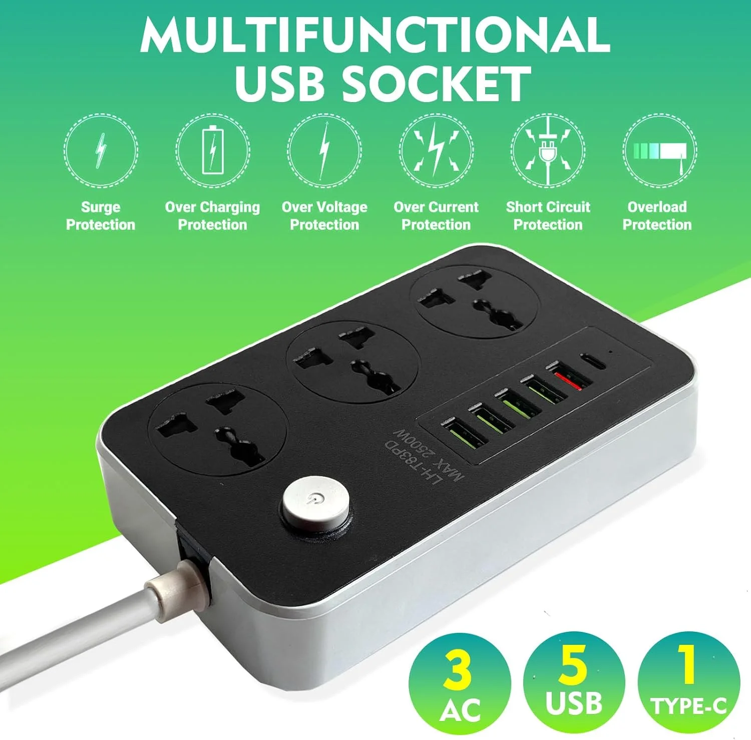 سیم رابط برق SKY-TOUCH با 3 پریز، سوکت برق جهانی با 5 پورت USB و 1 پورت Type-C، سیم رابط ضخیم 2 متری برای خانه، دفتر، آشپزخانه سیم رابط برق SKY-TOUCH با 3 پریز، سوکت برق جهانی با 5 پورت USB و 1 پورت Type-C، سیم رابط ضخیم 2 متری برای خانه، دفتر، آشپزخانه