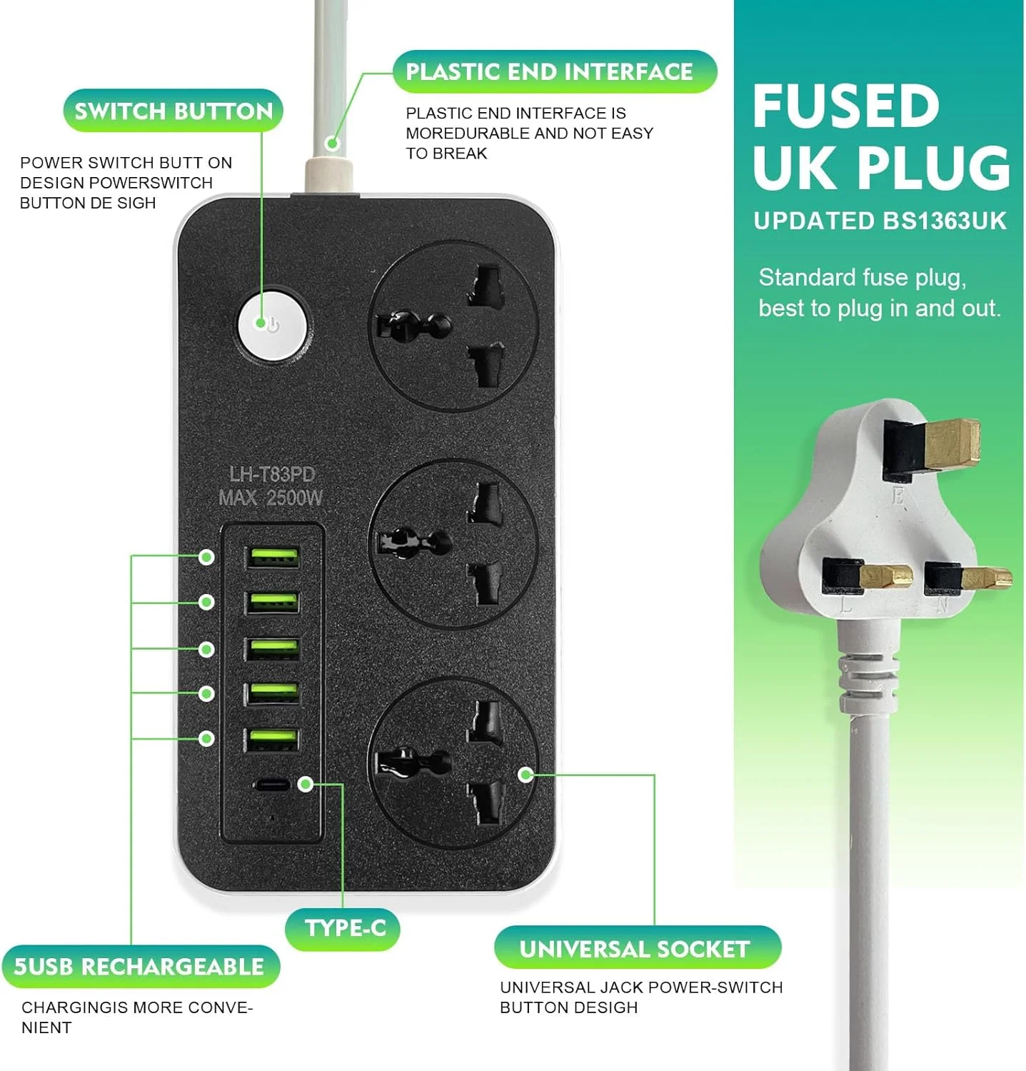 سیم سیار SKY-TOUCH با 3 پریز برق، سوکت برق با 5 پورت USB و 1 پورت Type-C، سوکت شارژ جهانی با سیم سیار ضخیم 2 متری سیم سیار SKY-TOUCH با 3 پریز برق، سوکت برق با 5 پورت USB و 1 پورت Type-C، سوکت شارژ جهانی با سیم سیار ضخیم 2 متری