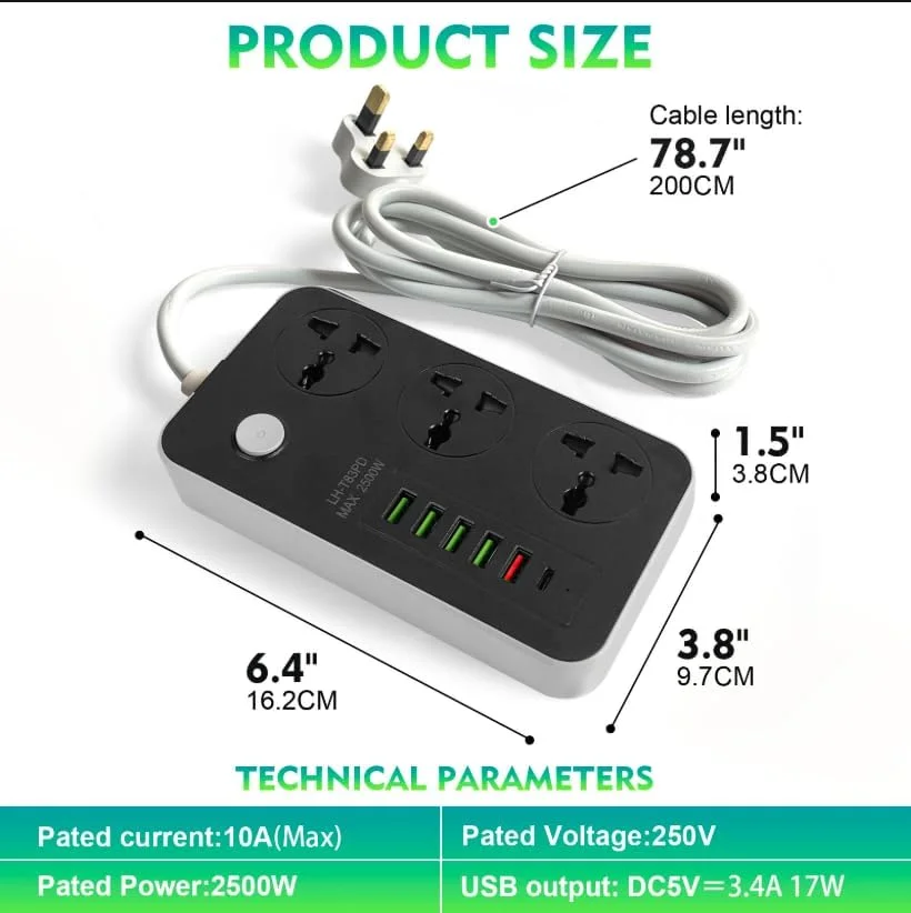 سیم رابط برق SKY-TOUCH با 3 پریز، سوکت برق جهانی با 5 پورت USB و 1 پورت Type-C، سیم رابط ضخیم 2 متری برای خانه، دفتر، آشپزخانه سیم رابط برق SKY-TOUCH با 3 پریز، سوکت برق جهانی با 5 پورت USB و 1 پورت Type-C، سیم رابط ضخیم 2 متری برای خانه، دفتر، آشپزخانه