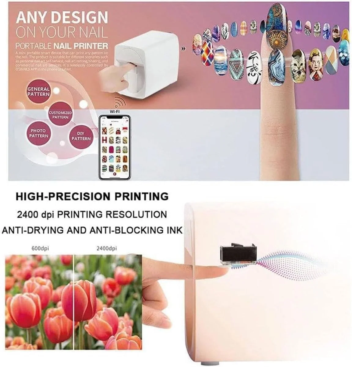 دستگاه چاپ ناخن سه بعدی، دستگاه اتوماتیک هوشمند طراحی ناخن، دستگاه قابل حمل طراحی ناخن با کنترل برنامه/تشخیص لبه های ناخن، پشتیبانی از WiFi/DIY/USB، رزولوشن چاپ 2400 dpi (قرمز)