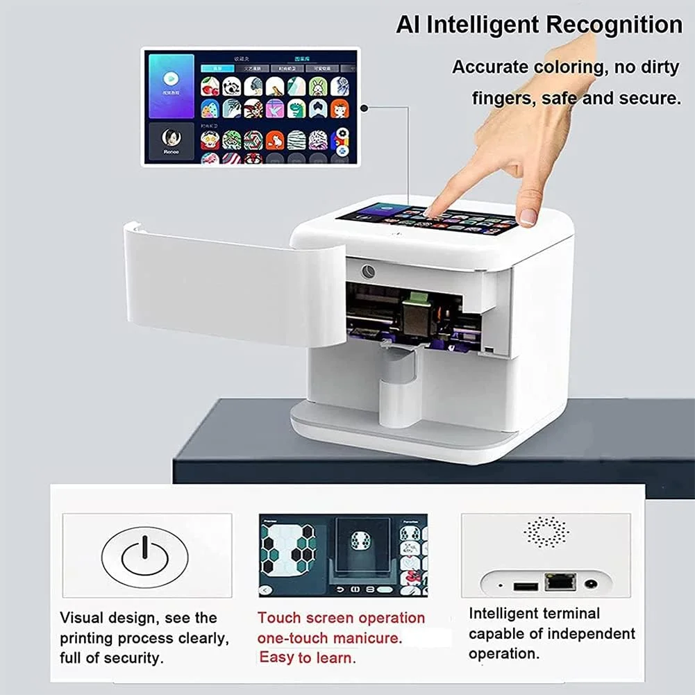 دستگاه چاپ ناخن سه بعدی اتوماتیک، چاپگر هوشمند دیجیتال هنر ناخن، دستگاه نقاشی ناخن قابل حمل چند منظوره، صفحه نمایش 7 اینچی HD تشخیص هوش مصنوعی چهره ناخن، DIY برای مانیکوریست، عشق ناخن
