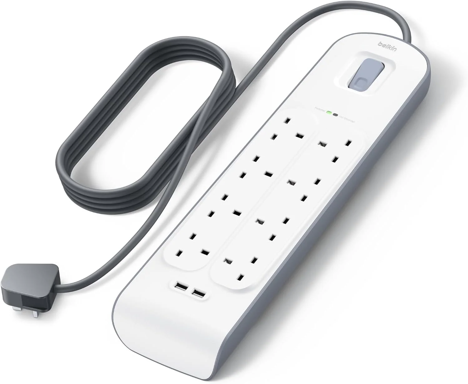 محافظ برق 8 خانه بلکین با طول سیم 2 متری - پریز برق مقاوم با پورت USB با خروجی 2.4 آمپر (دو عدد)