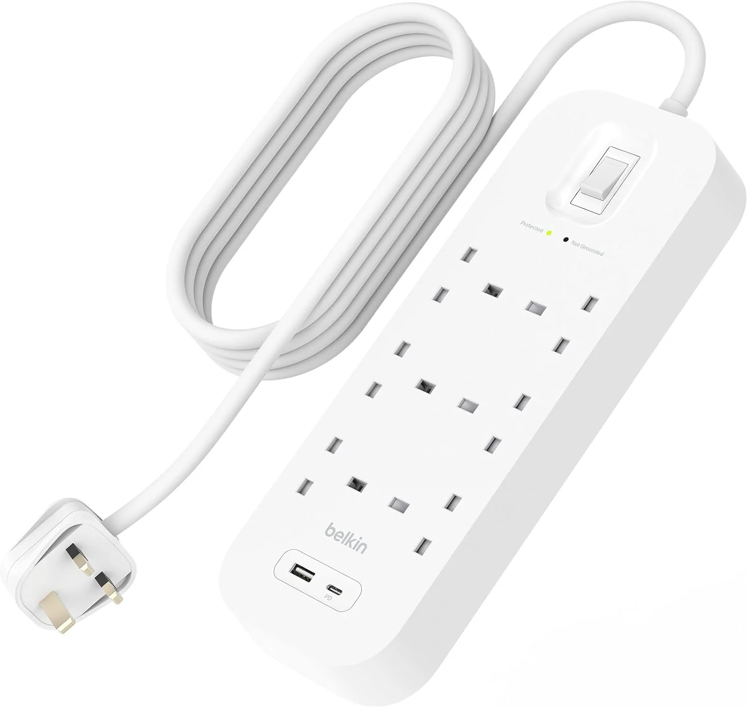 محافظ برق 6 خروجی بلکین، قابل نصب روی دیوار با 6 پریز AC، کابل برق 2 متری و چراغ نشانگر سبز - درگاه USB-C و درگاه USB-A با شارژ سریع USB-C PD - 650 ژول محافظت
