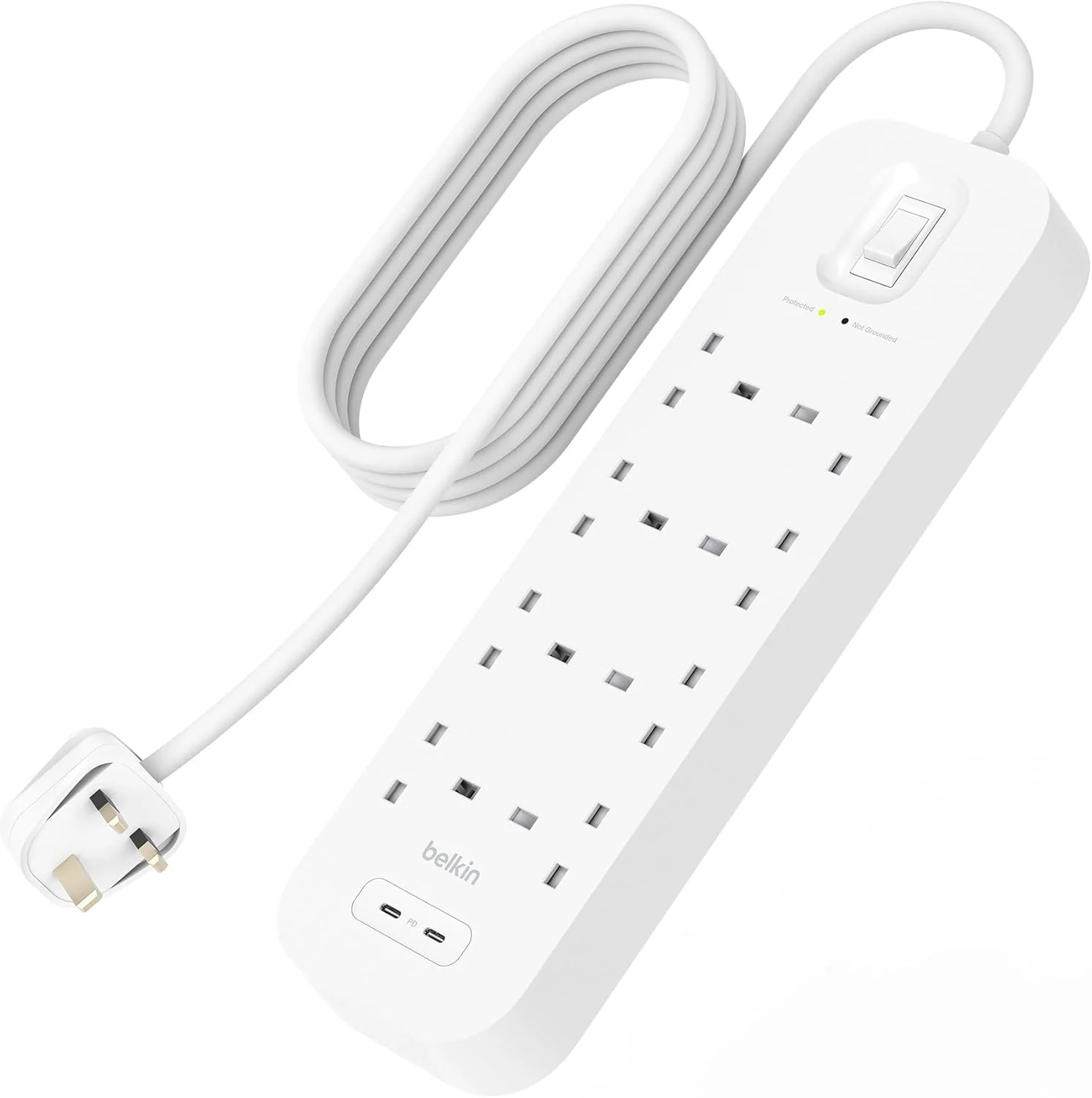 محافظ برق 8 پورت بلکین با قابلیت نصب روی دیوار، دارای 8 پریز AC، کابل برق 2 متری و چراغ نشانگر سبز - 2 پورت USB-C با شارژ سریع USB-C PD - محافظت 900 ژول
