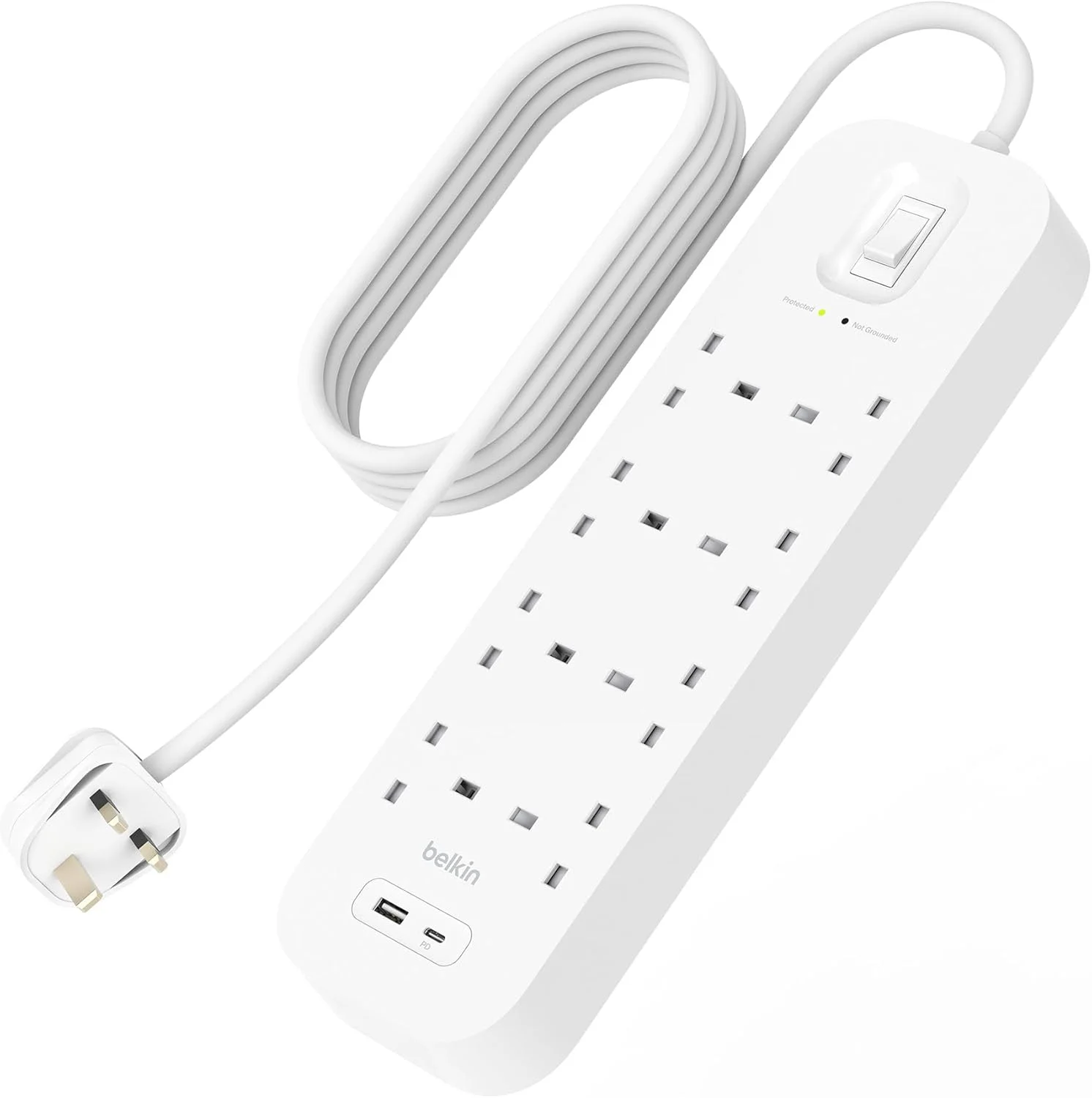 محافظ برق 8 پورت بلکین، قابل نصب روی دیوار با 8 پریز AC، کابل برق 2 متری و چراغ نشانگر سبز - پورت USB-C و پورت USB-A با شارژ سریع USB-C PD - 900 ژول محافظت