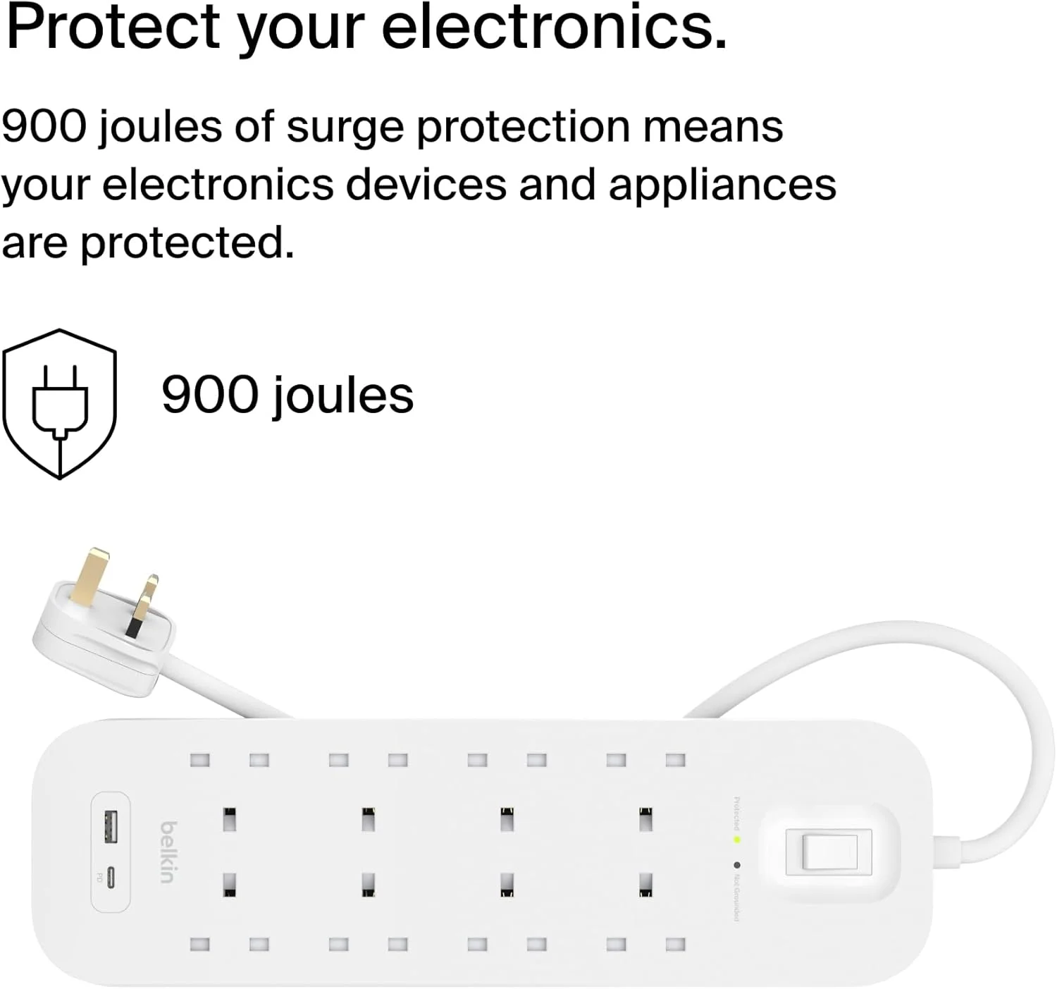 محافظ برق 8 پورت بلکین، قابل نصب روی دیوار با 8 پریز AC، کابل برق 2 متری و چراغ نشانگر سبز - پورت USB-C و پورت USB-A با شارژ سریع USB-C PD - 900 ژول محافظت محافظ برق 8 پورت بلکین، قابل نصب روی دیوار با 8 پریز AC، کابل برق 2 متری و چراغ نشانگر سبز - پورت USB-C و پورت USB-A با شارژ سریع USB-C PD - 900 ژول محافظت