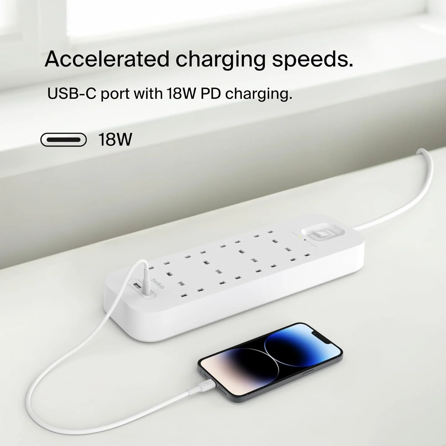 محافظ برق 8 پورت بلکین، قابل نصب روی دیوار با 8 پریز AC، کابل برق 2 متری و چراغ نشانگر سبز - پورت USB-C و پورت USB-A با شارژ سریع USB-C PD - 900 ژول محافظت محافظ برق 8 پورت بلکین، قابل نصب روی دیوار با 8 پریز AC، کابل برق 2 متری و چراغ نشانگر سبز - پورت USB-C و پورت USB-A با شارژ سریع USB-C PD - 900 ژول محافظت