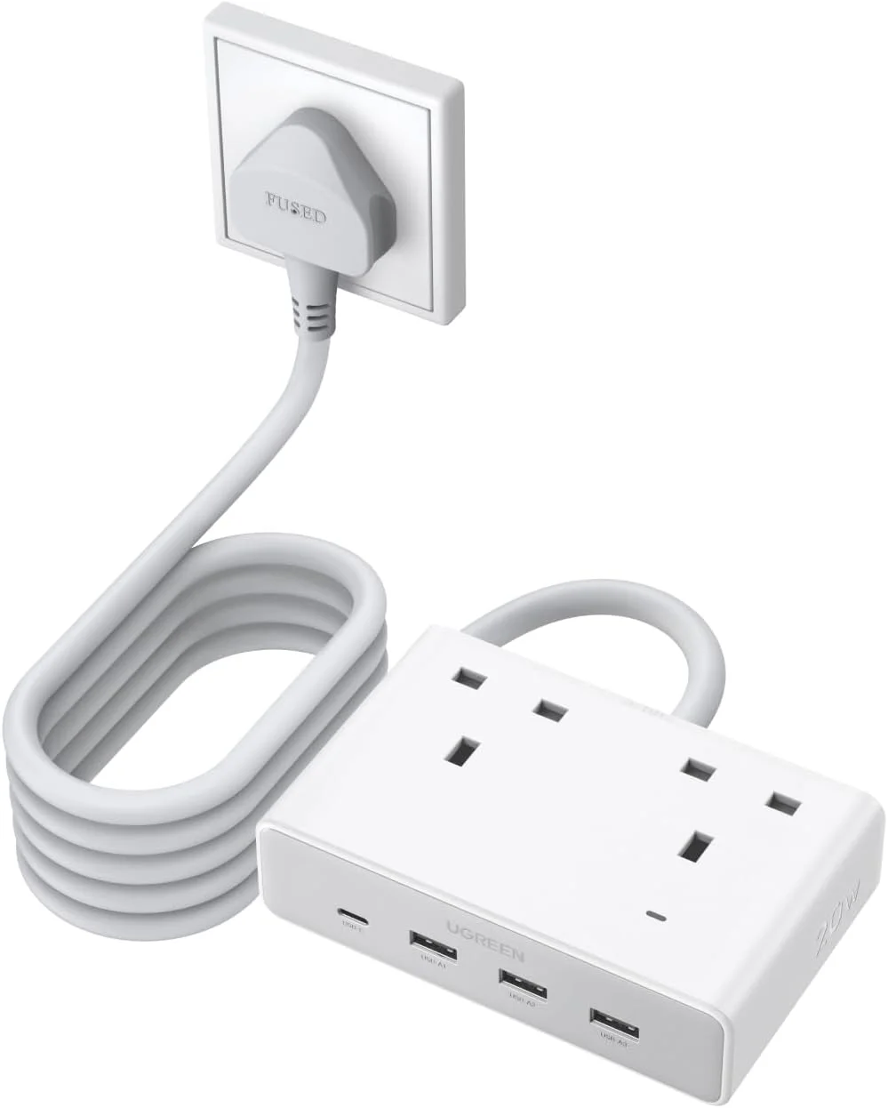 سیم رابط UGREEN Nexode با 4 پورت USB، 2 پریز برق حداکثر توان 2990 وات، دوشاخه توسعه PD20W سازگار با آیفون، آیپد، لپ تاپ، لوازم برقی، برای خانه/دفتر/مسافرت (1.5 متری سفید)، مدل جدید 2025