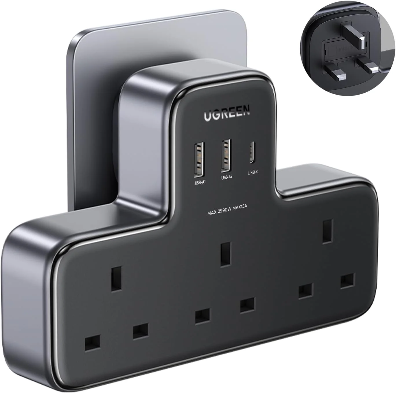 محافظ برق 6 پورت UGREEN با 3 پریز AC و PD30W (2 پورت Type-C، 1 پورت USB-A)، محافظت در برابر اضافه بار، سیم افزایش طول، سه راهی دوشاخه بریتانیایی برای آشپزخانه، خانه، مسافرت، لوازم جانبی اداری