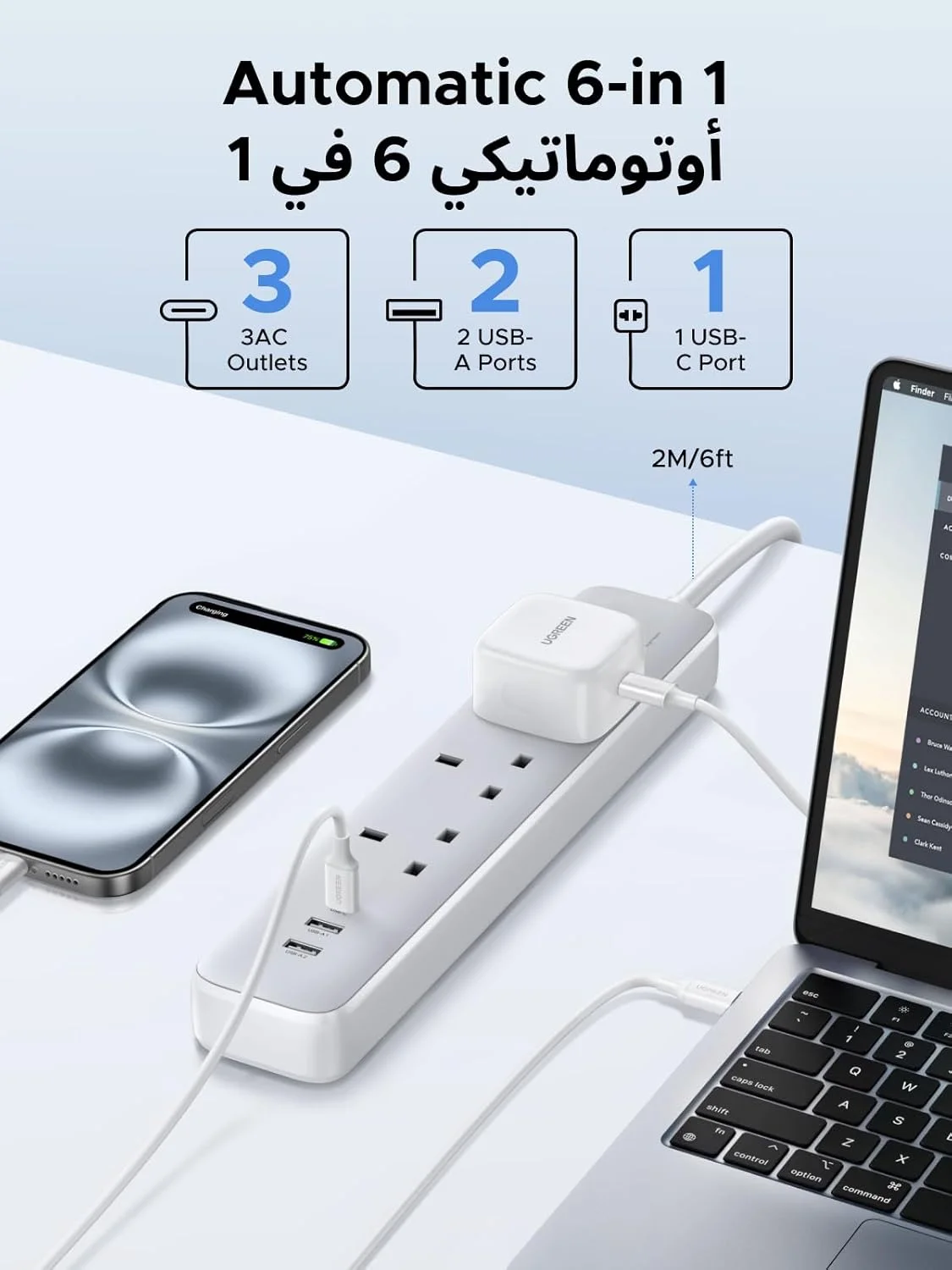 محافظ برق 6 پورت UGREEN GaN با پورت USB-C PD30W (2A1C)، محافظت در برابر اضافه بار/اتصال کوتاه/گرمای بیش از حد، سیم удлинитель با 3 پریز برق AC، دوشاخه های UK با کابل 2 متری برای مسافرت، خانه، دفتر و غیره محافظ برق 6 پورت UGREEN GaN با پورت USB-C PD30W (2A1C)، محافظت در برابر اضافه بار/اتصال کوتاه/گرمای بیش از حد، سیم удлинитель با 3 پریز برق AC، دوشاخه های UK با کابل 2 متری برای مسافرت، خانه، دفتر و غیره