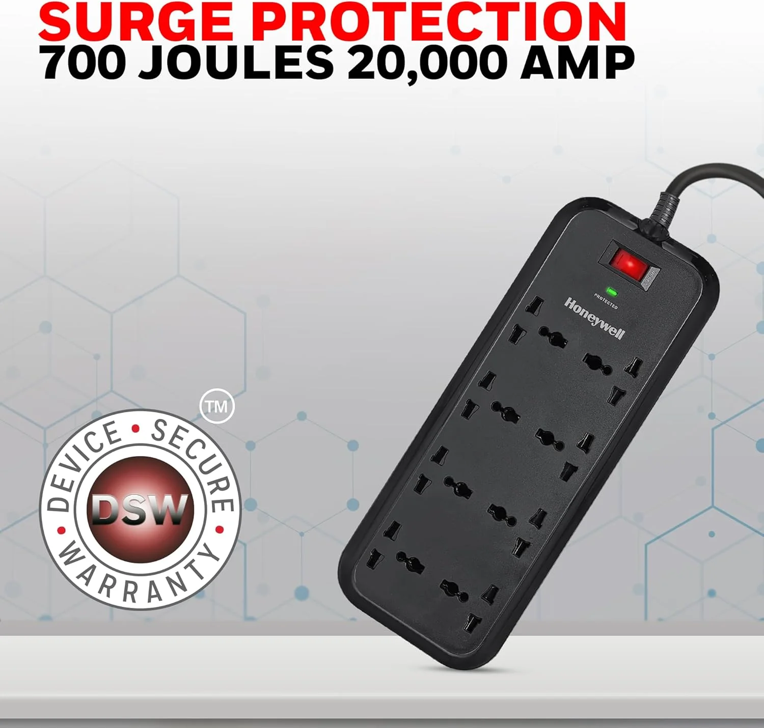 محافظ برق هانیول، 8 پریز جهانی، کابل 2 متری، 20000 آمپر، محافظت خودکار در برابر اضافه بار، محافظ ولتاژ/چندراهی برق، کلید اصلی، مشکی محافظ برق هانیول، 8 پریز جهانی، کابل 2 متری، 20000 آمپر، محافظت خودکار در برابر اضافه بار، محافظ ولتاژ/چندراهی برق، کلید اصلی، مشکی