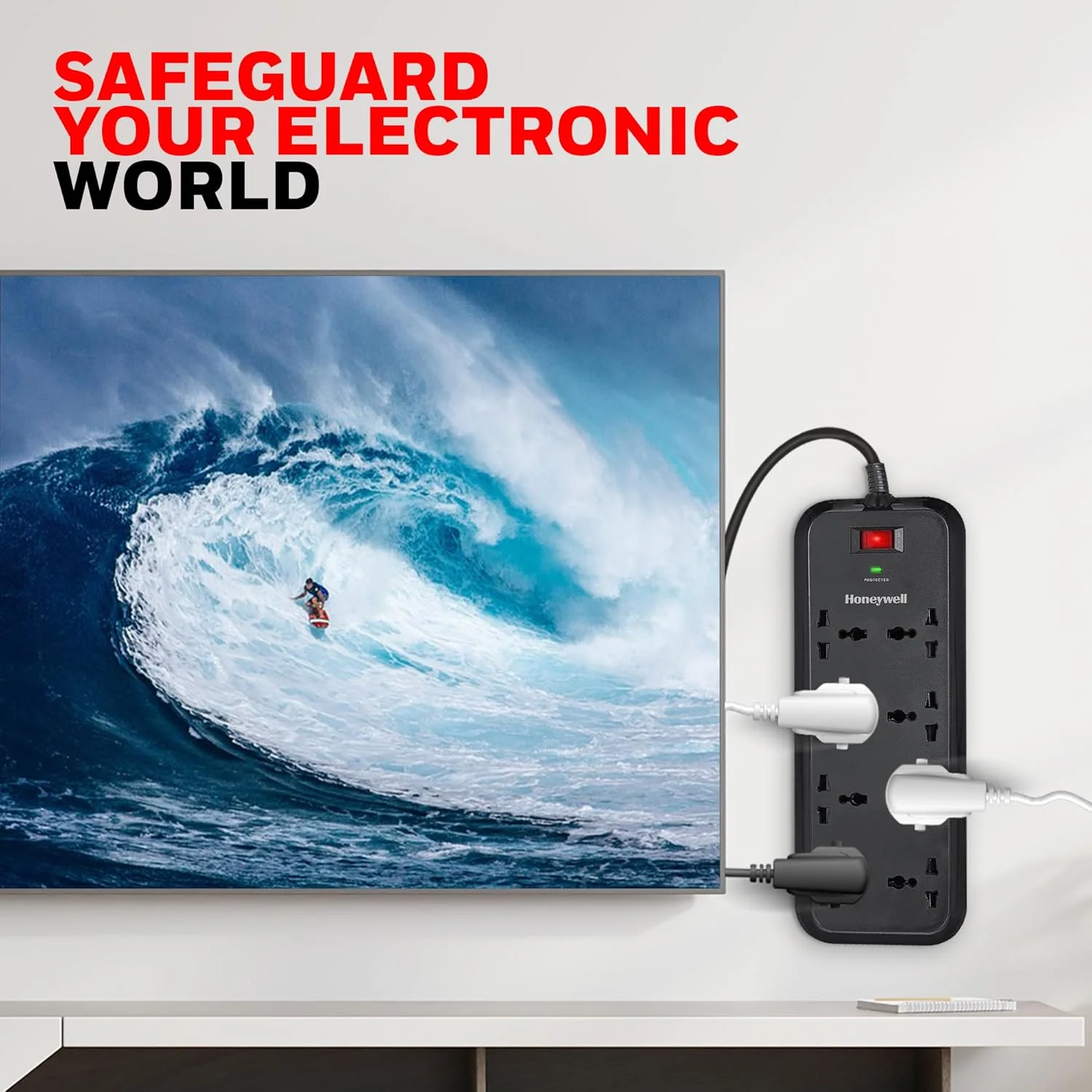 محافظ برق هانیول، 8 پریز جهانی، کابل 2 متری، 20000 آمپر، محافظت خودکار در برابر اضافه بار، محافظ ولتاژ/چندراهی برق، کلید اصلی، مشکی محافظ برق هانیول، 8 پریز جهانی، کابل 2 متری، 20000 آمپر، محافظت خودکار در برابر اضافه بار، محافظ ولتاژ/چندراهی برق، کلید اصلی، مشکی