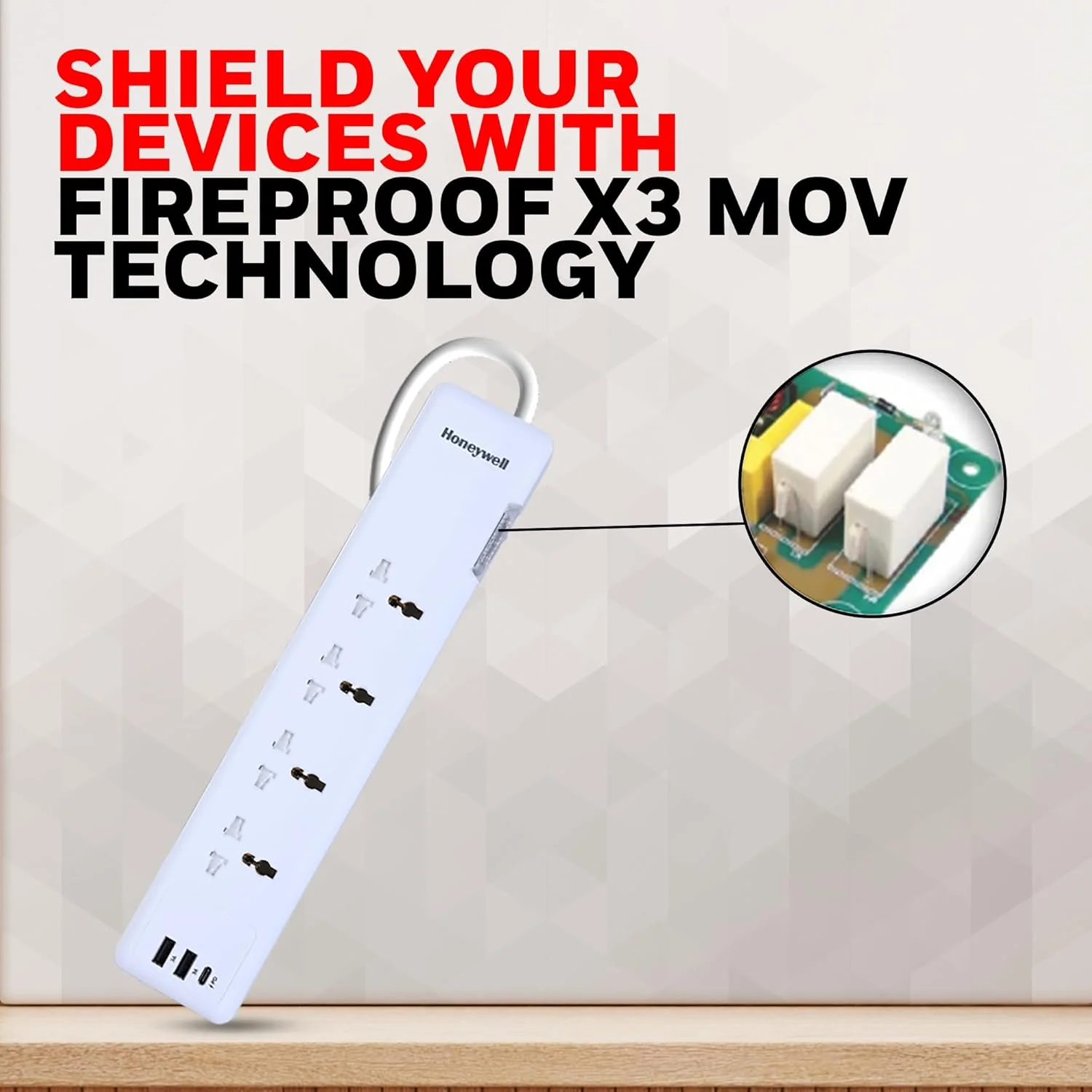 محافظ برق هانیول، 4 پریز جهانی، 2 پورت USB، 1 پورت Type-C، 12000 آمپر، سیم 1.5 متری، DSW، محافظت خودکار در برابر اضافه بار، صفحه توسعه، کلید اصلی، فناوری MOV ضد حریق X3 محافظ برق هانیول، 4 پریز جهانی، 2 پورت USB، 1 پورت Type-C، 12000 آمپر، سیم 1.5 متری، DSW، محافظت خودکار در برابر اضافه بار، صفحه توسعه، کلید اصلی، فناوری MOV ضد حریق X3